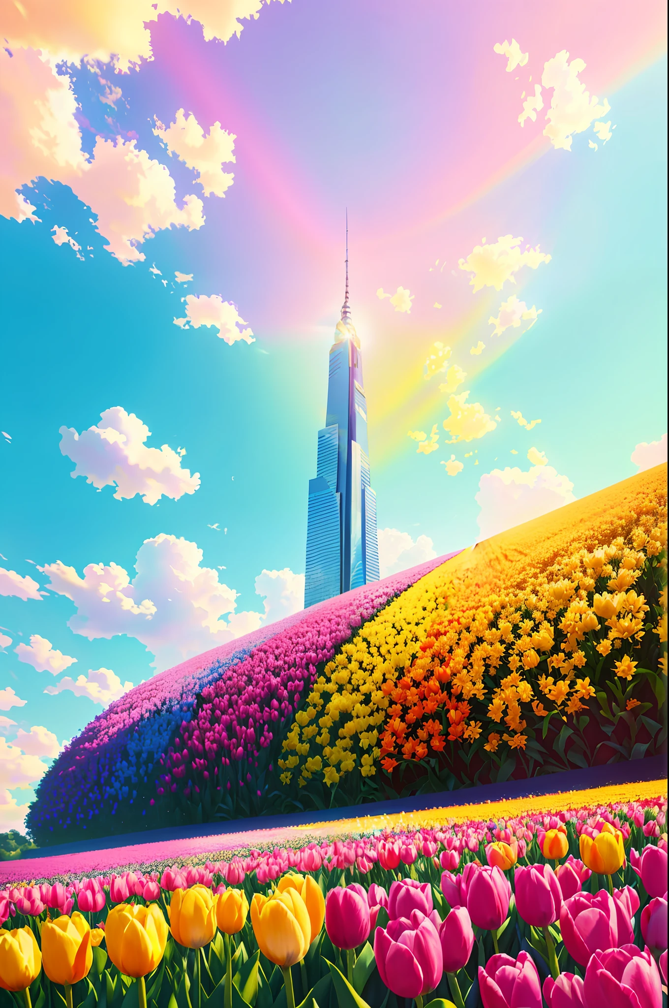 vibrant yellow coloring, skyscraper, highly saturated color, fujifilm fujifilm chrome provia 100f film, tulip flower field, pure and dreamy symbolism, (pastel color:1.2), (photon mapping), octane rendering + surreal, storage, (8K), HDR, sunny,
