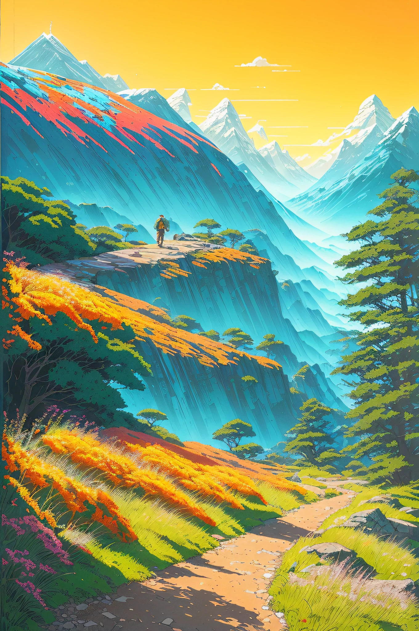 Realistic, realistic, beautiful hiking trails with Greg Rutkowski, Laurie Greasley style, Studio Ghibli, Akira Toriyama, James Gilleard, Genshin Impact, popular Pixiv Fanbox, Acrylic Palette Knife, 4K, (bright colors), (high saturation), Devinart, trending on ArtStation