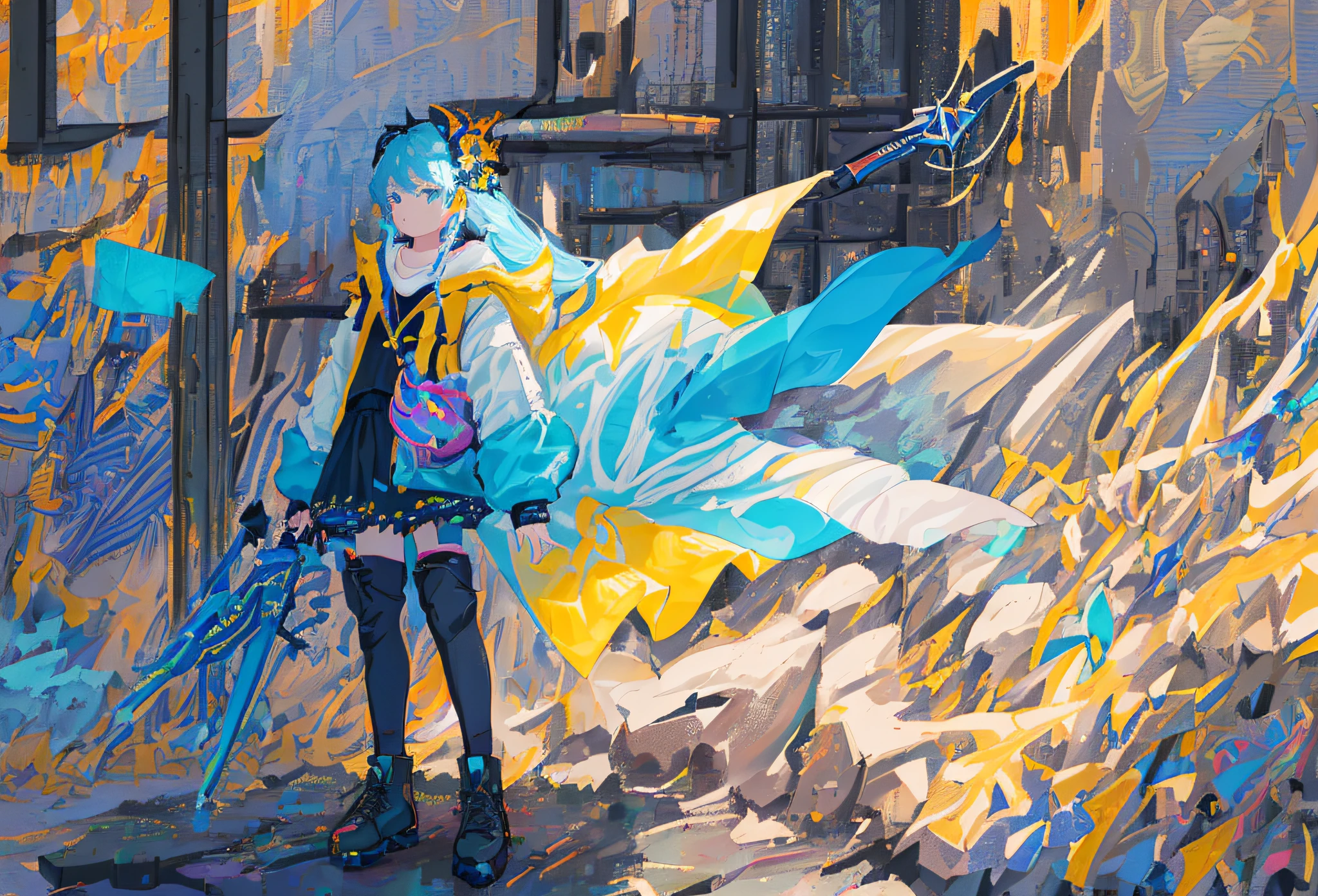 (masterpiece, top quality, best quality, beautiful and aesthetic:1.2), (1girl:1.3), extreme detailed, (colorful:1.1), (colorful background1:1), (#30b3ff:1.5), (#fa52f4:1.1), highest detailed, weapon, holding weapon, (glowing weapon), detailed background, , masterpiece, 8k