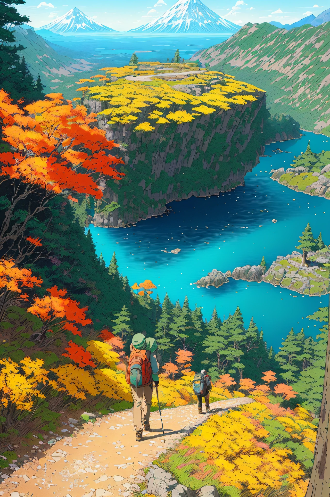 Realistic, realistic, beautiful hiking trails with Greg Rutkowski, Laurie Greasley style, Studio Ghibli, Akira Toriyama, James Gilleard, Genshin Impact, popular Pixiv Fanbox, Acrylic Palette Knife, 4K, (bright colors), (high saturation), Devinart, trending on ArtStation