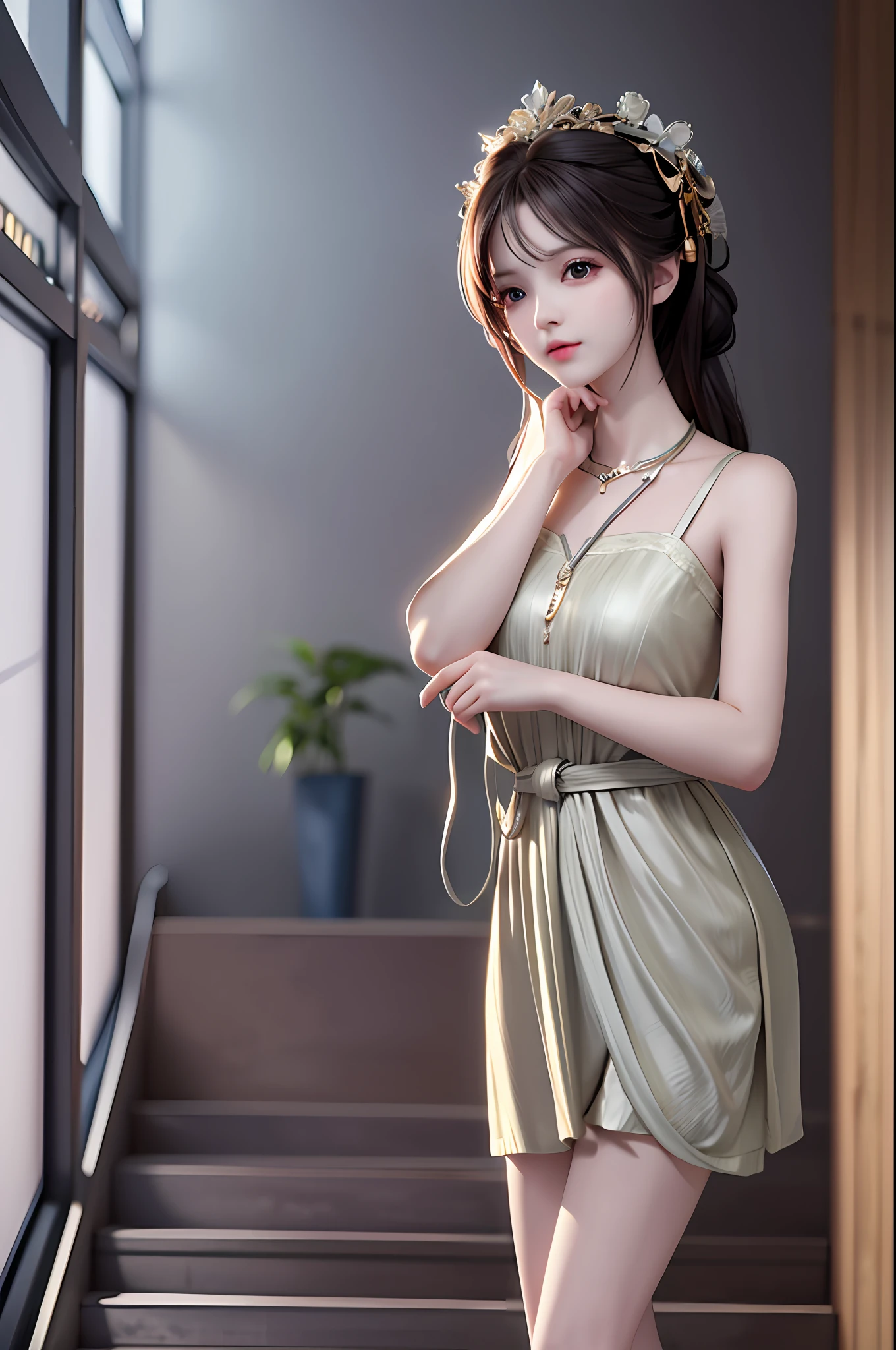 Best Quality, Masterpiece, High Resolution, 1Girl, Porcelain Skirt, Hair Accessories, Necklace, Jewelry, Beautiful Face, Full Body, Slender and Long Beautiful Legs, Tyndall Effect, Realism, Dark Studio, Edge Lighting, Two-tone Lighting, 1 Girl, Solo, Expressive Look, (Looking at the Audience, Facing the Audience, High Detail Skin: 1.2), 8K UHD, DSLR, Soft Light, High Quality, Volumetric Light, Photo, High Resolution, 4K, 8K, Background Blur,.