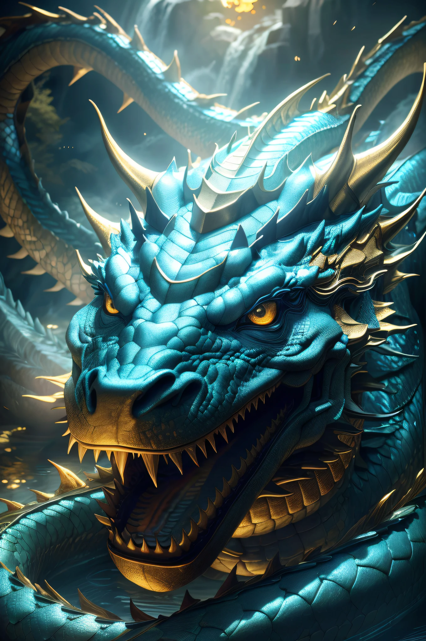 Masterpiece, top quality, Chinese fairy, 1 girl \ (loli \) and gold and silver dragon, Chinese dragon pan, pan, dark gray background, glaring girl, (super detail)), 4K unity, (highly detailed CG: 1.2), (8k: 1.1), high resolution), (illustration: 1.1), (cinematic light: 1.1), fine-grained, intricate detail, (best illustration), 8K resolution, intricate detail, highest quality, realistic feeling, ultra detail, best illumination, best shadows, UltraHD, Cryengine, detailed reflections, detailed shadows, ((Complex detail)), smooth, ((Perfect shading)), High quality metal texture, metallic gloss, Highly detailed illustration, (Semi-realistic: 1.6), (Wide shot: 1.2), (from below, Dutch angle), (Beautiful eyes in detail: 1.1), (Lifelike body: 1.2), viewer watch, ((Golden Giant Dragon: 1.6)), (glowing eyes\[Magic Square of Eyes [yellow\]), silvery long hair, hairs between eyes, Sigma 135mm lens, (giant waterfall background),