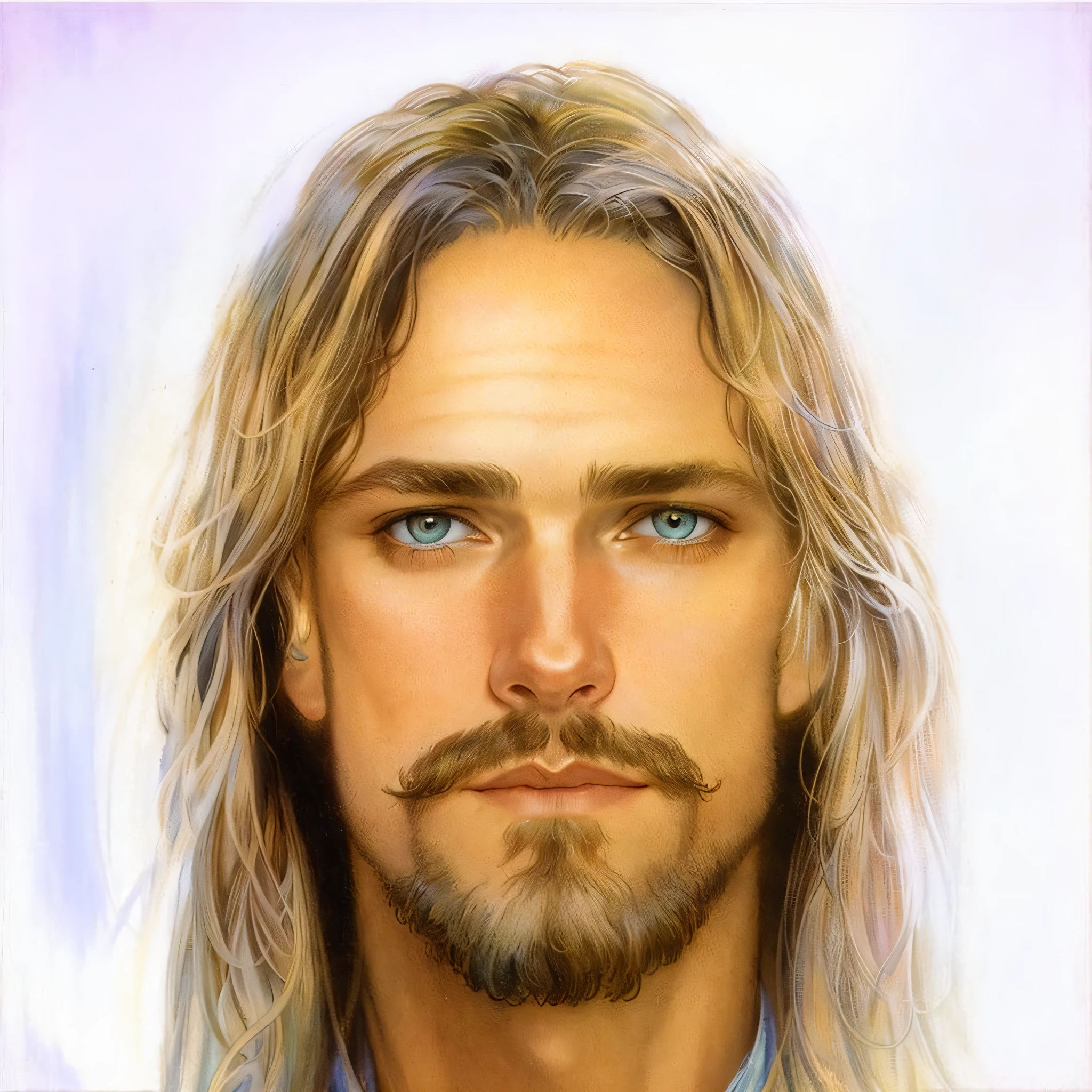 macro intricate detailed realistic realism real ((closeup)) of handsome [robot|cyborg|man] with fiber optic hair in front of (iridescent background), bright incandescent eyes on fire, (pastel color) flames and art by alphonse mucha, greg rutkowski, gaston bussiere, mark brooks, alex ross, greg hildebrandt