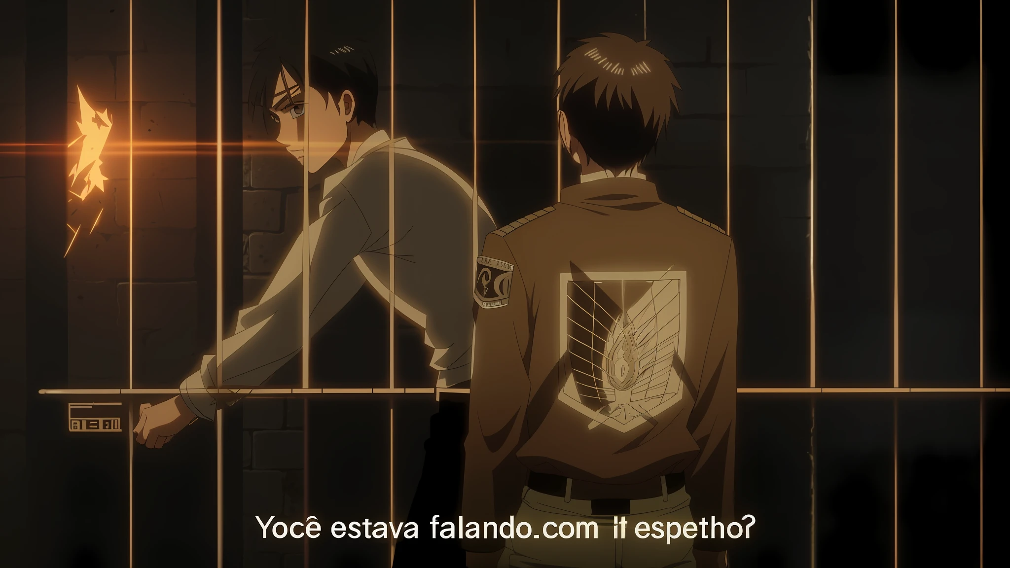 mejor calidad, obra maestra, Eren Jaeger, Hange Zoe, shirtless Eren, survey corps Hange, jail