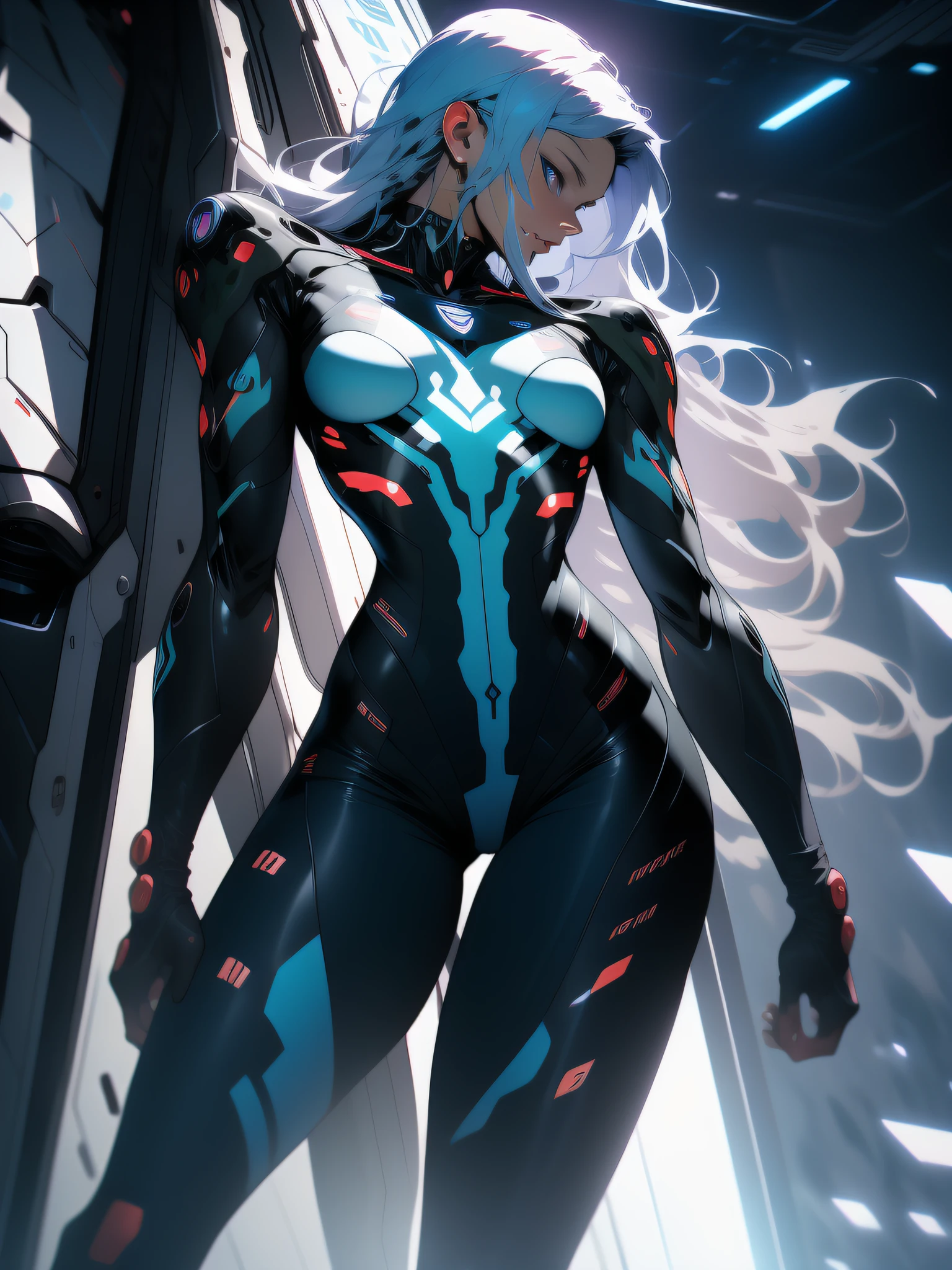 ((Best quality)), ((masterpiece)), (detailed: 1.4), (Absurd), War-ready female fighter pilot with military helmet, full body, marine, dark skin, defined muscular sculptural body, whole body, bare half-thick thighs, closed mouth, muscular body covered in technological clothing, neon evangelion, semi nude, generous neckline, ((perfect medium breasts)), (super light blue eyes without pupils),  ((military camouflage clothing)), (((short black)))), long eyelashes heavy makeup, garter belt, by mucha, niji --V5, close to real, psychopathic, crazy face, sexy pose, background with a giant neon style Robot head Genesis evangelion, 2 piece clothing, shoulder pads with airplane wings, pastel, centered, scale to fit the dimensions, HDR (High Dynamic Range),Ray Tracing, NVIDIA RTX,Super-Resolution,Unreal 5,Subsurface Dispersion, PBR Texture, Post-processing, Anisotropic filtering, Depth of field, Maximum clarity and sharpness, Multilayer textures, Albedo and specular maps, Surface shading, Accurate simulation of light-material interaction, Perfect proportions, Octane Render, Two-tone lighting, Wide aperture, Low ISO, White balance, Rule of thirds, 8K RAW, crysisnanosuit