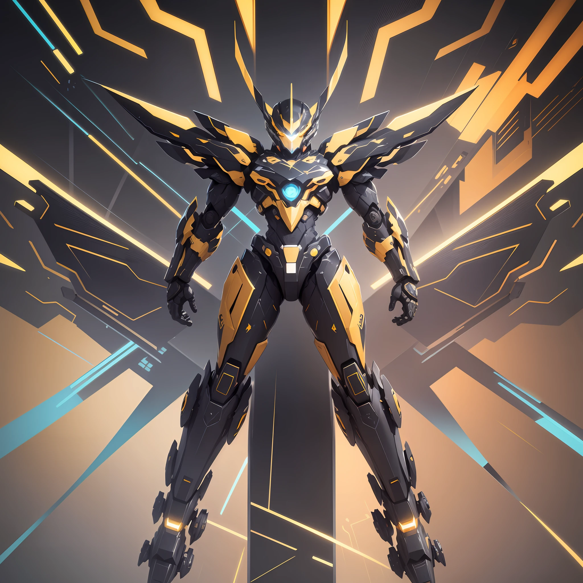 Flyer, hybrid of geometric shapes and upper body of mecha, symmetrical graphics, geometric shapes, mecha, vector plane, gold, black, flat display, masterpiece, super high resolution, high quality --auto --s2