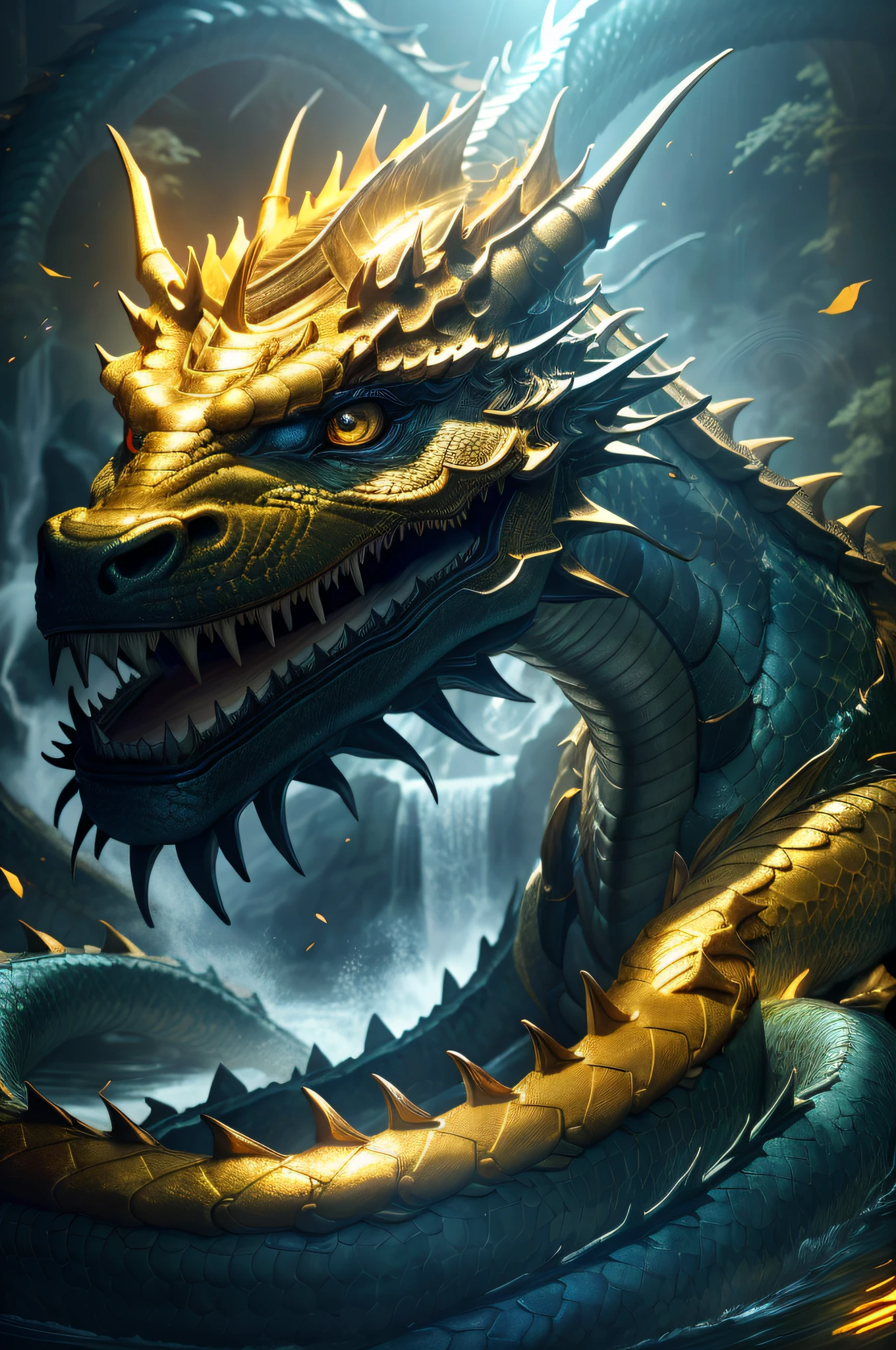 Masterpiece, top quality, Chinese fairy, 1 girl \ (loli \) and gold and silver dragon, Chinese dragon pan, pan, dark gray background, glaring girl, (super detail)), 4K unity, (highly detailed CG: 1.2), (8k: 1.1), high resolution), (illustration: 1.1), (cinematic light: 1.1), fine-grained, intricate detail, (best illustration), 8K resolution, intricate detail, highest quality, realistic feeling, ultra detail, best illumination, best shadows, UltraHD, Cryengine, detailed reflections, detailed shadows, ((Complex detail)), smooth, ((Perfect shading)), High quality metal texture, metallic gloss, Highly detailed illustration, (Semi-realistic: 1.6), (Wide shot: 1.2), (from below, Dutch angle), (Beautiful eyes in detail: 1.1), (Lifelike body: 1.2), viewer watch, ((Golden Giant Dragon: 1.6)), (glowing eyes\[Magic Square of Eyes [yellow\]), silvery long hair, hairs between eyes, Sigma 135mm lens, (giant waterfall background),