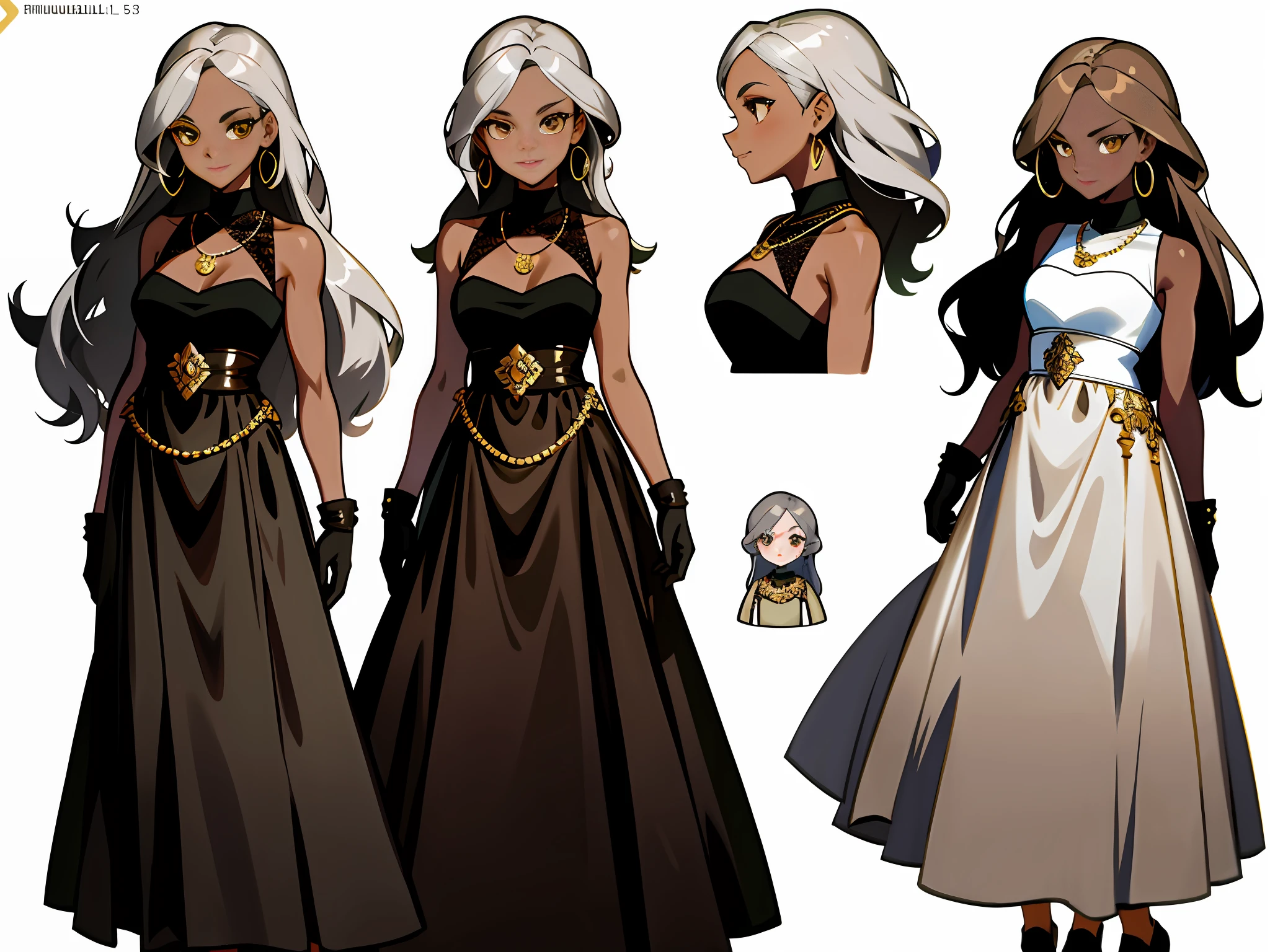 Masterpiece: 1.6, best quality: 1.4, live image: 1.2, intricate details: 1.2, charturnerv2: 1.2, 1lady full body character change, Appearance: milf: 1.25, thin: 1.3, gold eyes, ((Very dark brown skin)), african queen, medium breasts, detailed eyes, quality eyes, Clothing: olive sleeveless dress, tan grey gloves Accessories: simple hoop earrings, black necklace, small flowers in the hair, Hair: silver hair, long hair, semi curly hair, Makeup: natural, shiny skin, (single background, white background: 1.3), multiple views, multiple views of the same character in the same outfit: 1.3.