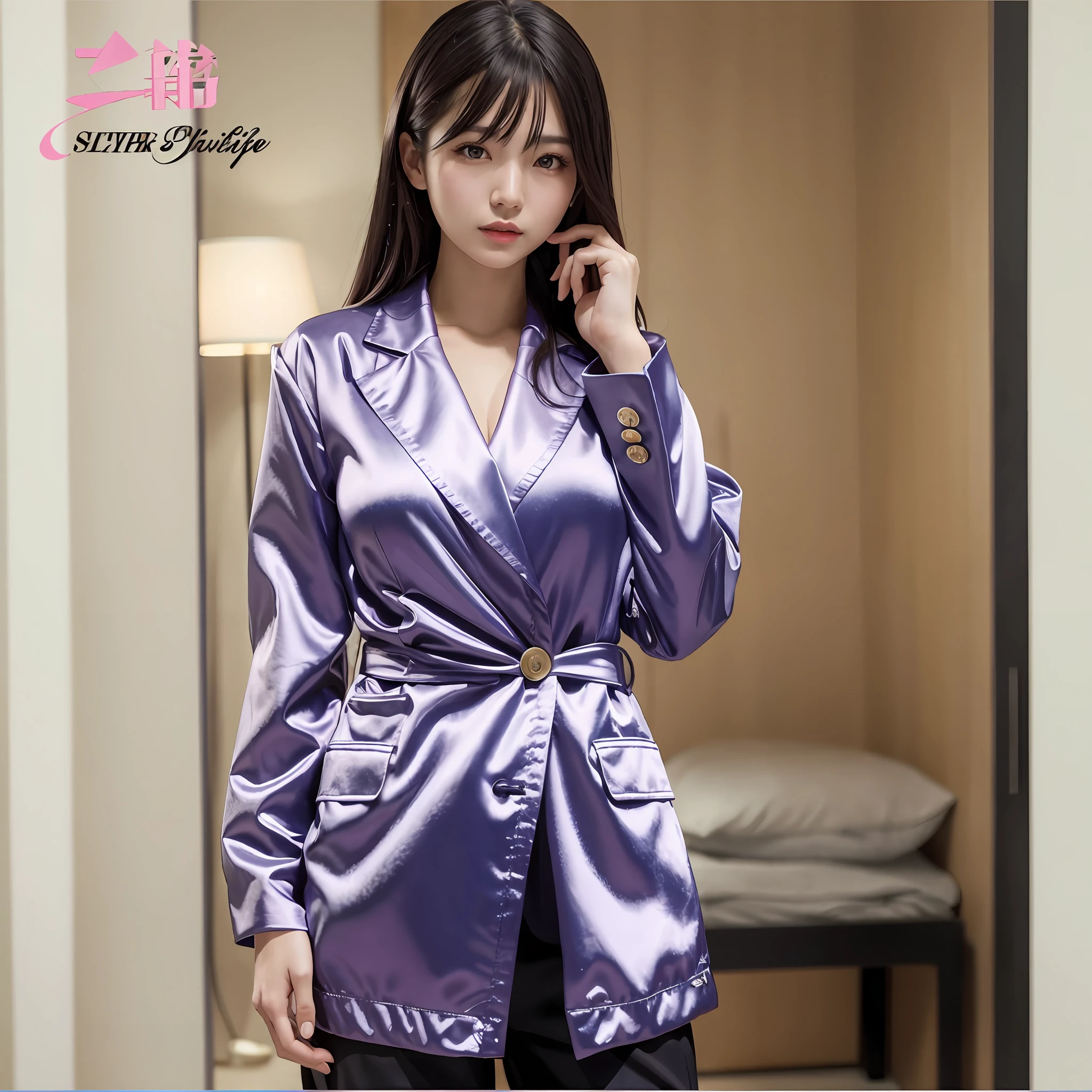 Wear a satent wrench coat, the material of the satin wrench coat is shiny, soft and smooth to the touch, the buttons of the satin wrench coat are large, the button in front of the satin wrench coat is fastened, the bottom of the satent wrench coat is naked, pay attention to the placement of the buttons of the satent wrench coat, the chest is C cup, Japan fashion model, one beauty, the place is the hotel bedroom, eyes are clear double, wet lips and appeal,