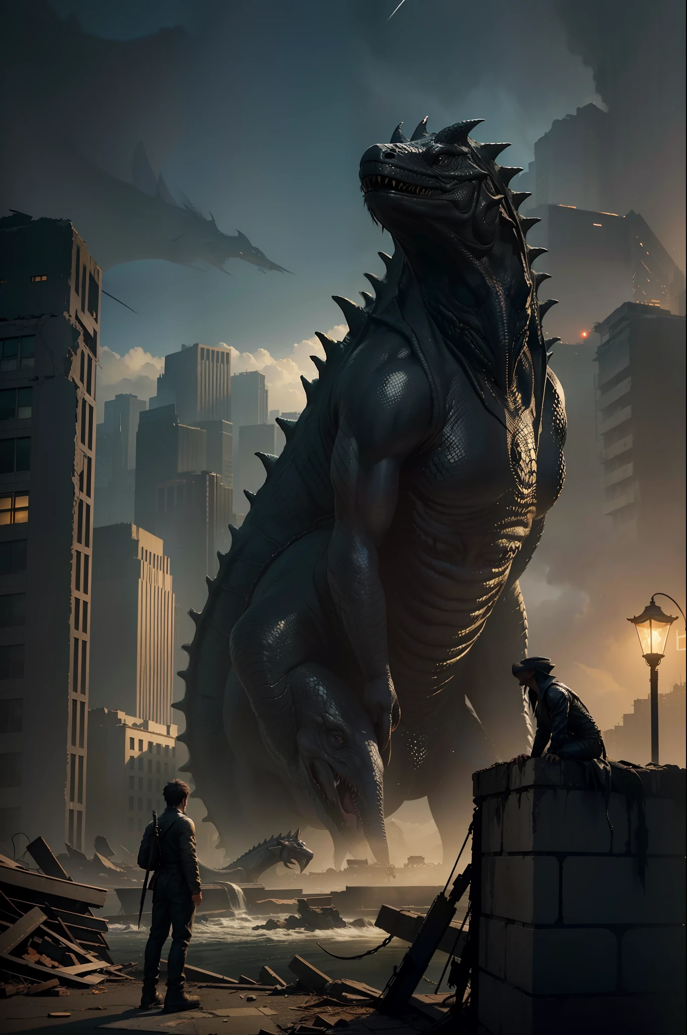A very detailed matte painting, Night, depicting a man in the ruins of a city opposite a huge scaly black lizard monster, by Makoto Shinkai, by Artgerm, by WLOP, by Greg Rutkowski, volumetric lighting, octane rendering, 4K resolution, Artstation trend, masterpiece