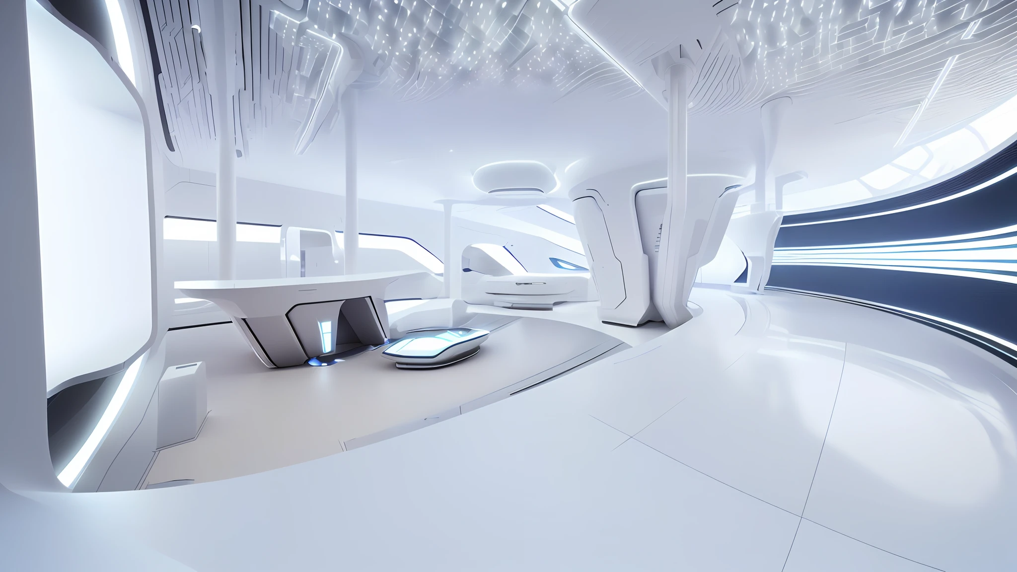 Building interior space, ((white)), (super wide angle), futuristic architecture with futuristic design and futuristic interior, futuristic spaceport, futuristic hall, futuristic government service hall, futuristic architectural concept, futuristic setting, futuristic decoration, futuristic utopian architecture, futuristic architectural art, futuristic production facilities, radical view, acsonometric view aspects, close-up, texture, (((Complex electronic component surface texture))), detail texture, HDR+, 8K, QHD, luminescence, dynamic lighting, Beautyfull refraction, ((high-key lighting, bright light)), in terms of design, the main color of this project is ceramic white, with dark and white lighting, the overall atmosphere is bright, with both ceramic warmth and modern technology, redshift renderer rendering, cinematic lighting effects