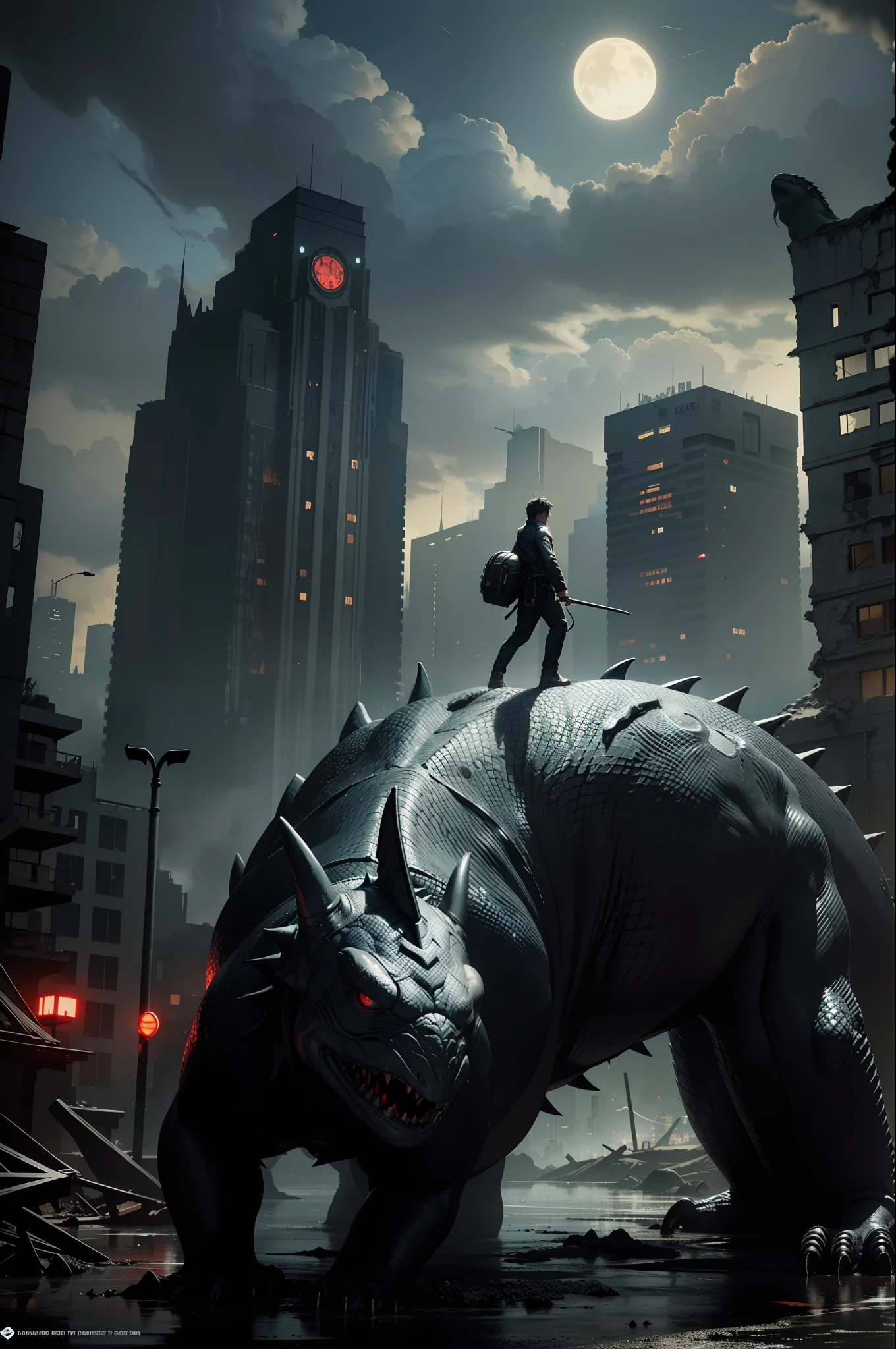 A very detailed matte painting, Night, depicts a man in the ruins of a city opposite a huge black lizard monster, the monster crawling on all fours, the monster is covered with scales, the monster's eyes are glowing red, by Makoto Shinkai, by Artgerm, by WLOP, by Greg Rutkowski, volumetric lighting, octane rendering, 4K resolution, Artstation trend, masterpiece