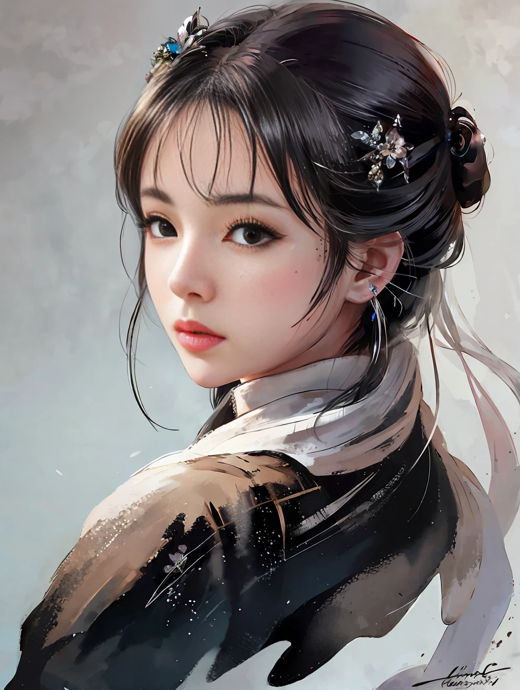 stechu,(white background:1.4), ((tachi-e)), original,(illustration:1.1),(best quality),(masterpiece:1.1),(extremely detailed CG unity 8k wallpaper:1.1), (colorful:0.9),(panorama shot:1.4),(solo:1.2), (ink splashing),(color splashing),((watercolor)), clear sharp focus,{ 1girl standing },((korean style )),flower background,outdoors,rocks, looking at viewer, make happy expressions,soft smile,pure,beautyfull detailed face and eyes,beautyfull intricacy clothing decorative pattern details, black hair,black eyes,colorwater