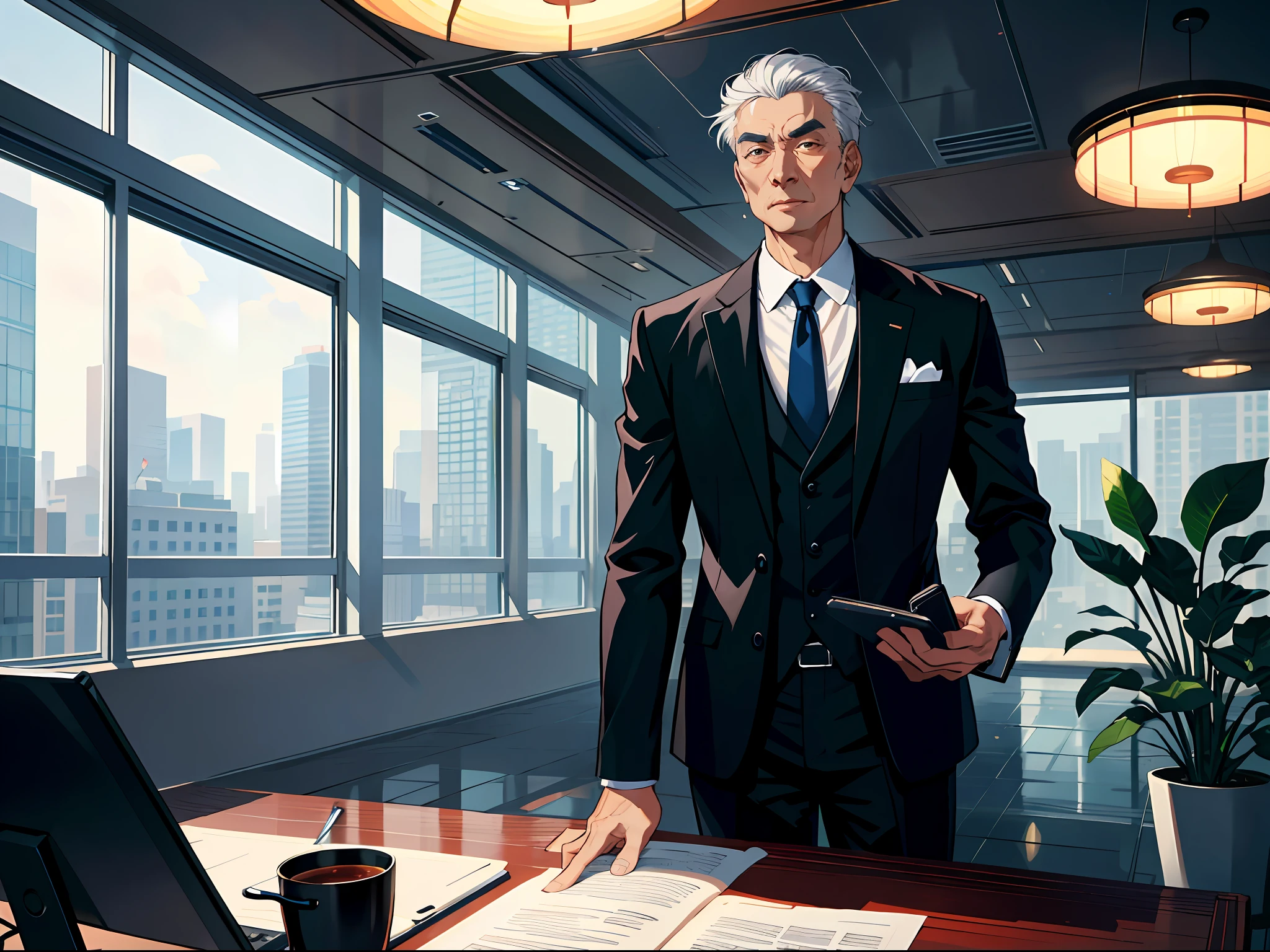 High resolution, highest quality, illustrations, super detailed, (detailed face), (detailed eyes), a handsome mature Chinese middle-aged uncle in a black suit in a luxurious office, white hair, standing in front of floor-to-ceiling windows looking out, holding a cell phone in the middle of a call