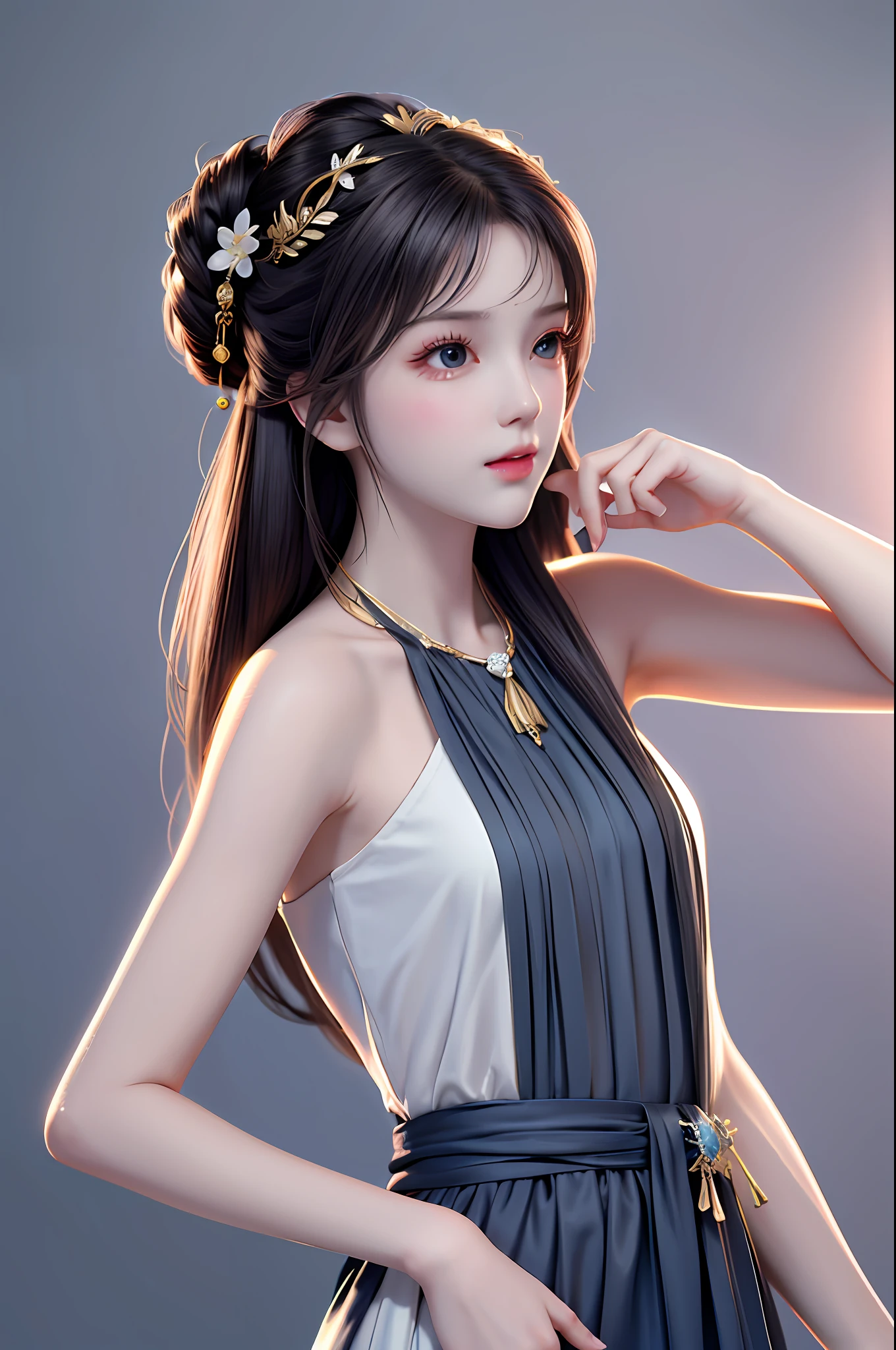Best Quality, Masterpiece, High Resolution, 1Girl, Porcelain Skirt, Hair Accessories, Necklace, Jewelry, Beautiful Face, Full Body, Slender and Long Beautiful Legs, Tyndall Effect, Realism, Dark Studio, Edge Lighting, Two-tone Lighting, 1 Girl, Solo, Expressive Look, (Looking at the Audience, Facing the Audience, High Detail Skin: 1.2), 8K UHD, DSLR, Soft Light, High Quality, Volumetric Light, Photo, High Resolution, 4K, 8K, Background Blur,.