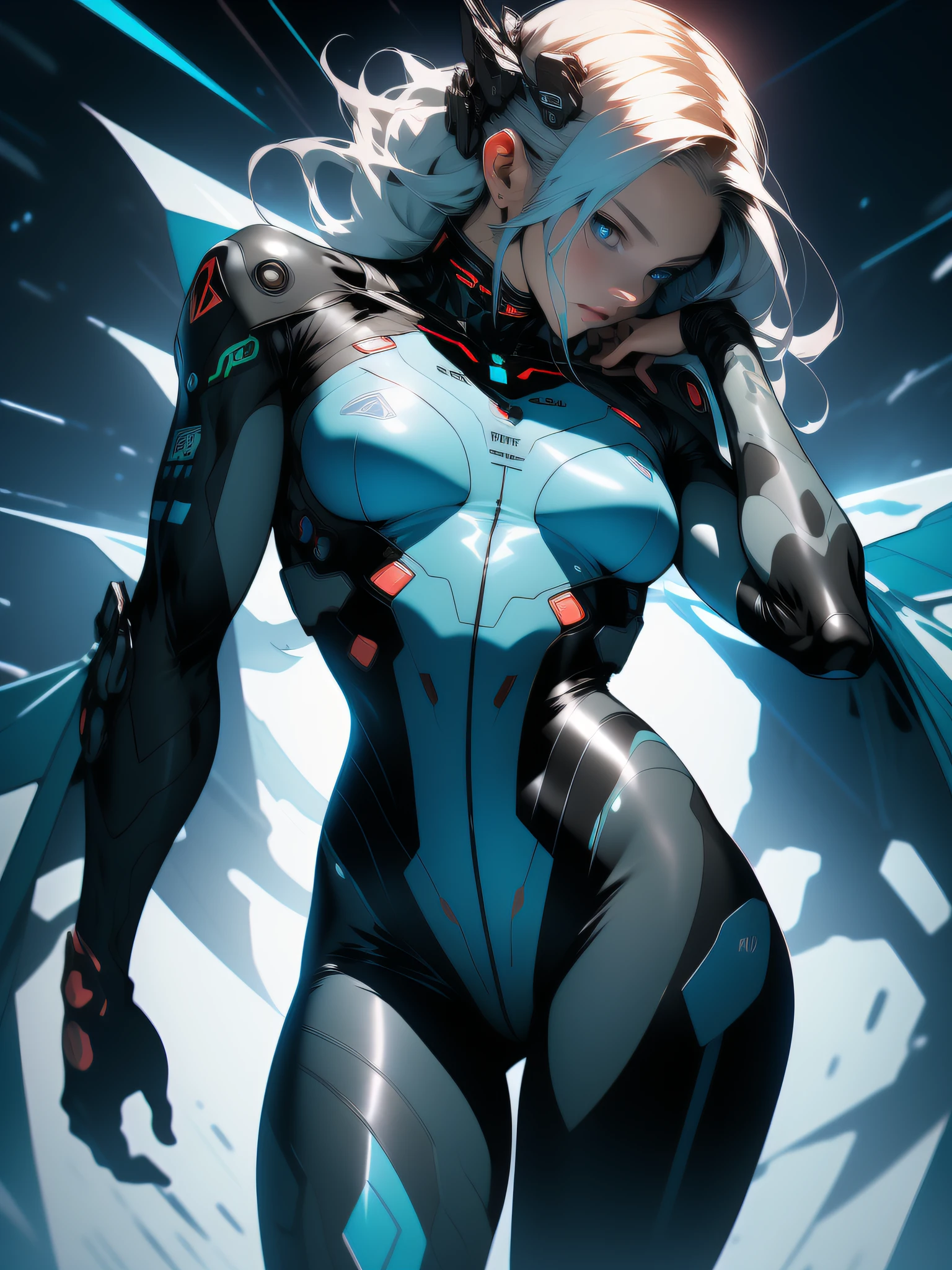 ((Best quality)), ((masterpiece)), (detailed: 1.4), (Absurd), War-ready female fighter pilot with military helmet, full body, marine, dark skin, defined muscular sculptural body, whole body, bare half-thick thighs, closed mouth, muscular body covered in technological clothing, neon evangelion, semi nude, generous neckline, ((perfect medium breasts)), (super light blue eyes without pupils), ((military camouflage clothing)), (((short black)))), long eyelashes heavy makeup, garter belt, by mucha, niji --V5, close to real, psychopathic, crazy face, sexy pose, background with a giant neon style Robot head Genesis evangelion, 2 piece clothing, shoulder pads with airplane wings, pastel, centered, scale to fit the dimensions, HDR (High Dynamic Range),Ray Tracing, NVIDIA RTX,Super-Resolution,Unreal 5,Subsurface Dispersion, PBR Texture, Post-processing, Anisotropic filtering, Depth of field, Maximum clarity and sharpness, Multilayer textures, Albedo and specular maps, Surface shading, Accurate simulation of light-material interaction, Perfect proportions, Octane Render, Two-tone lighting, Wide aperture, Low ISO, White balance, Rule of thirds, 8K RAW, crysisnanosuit