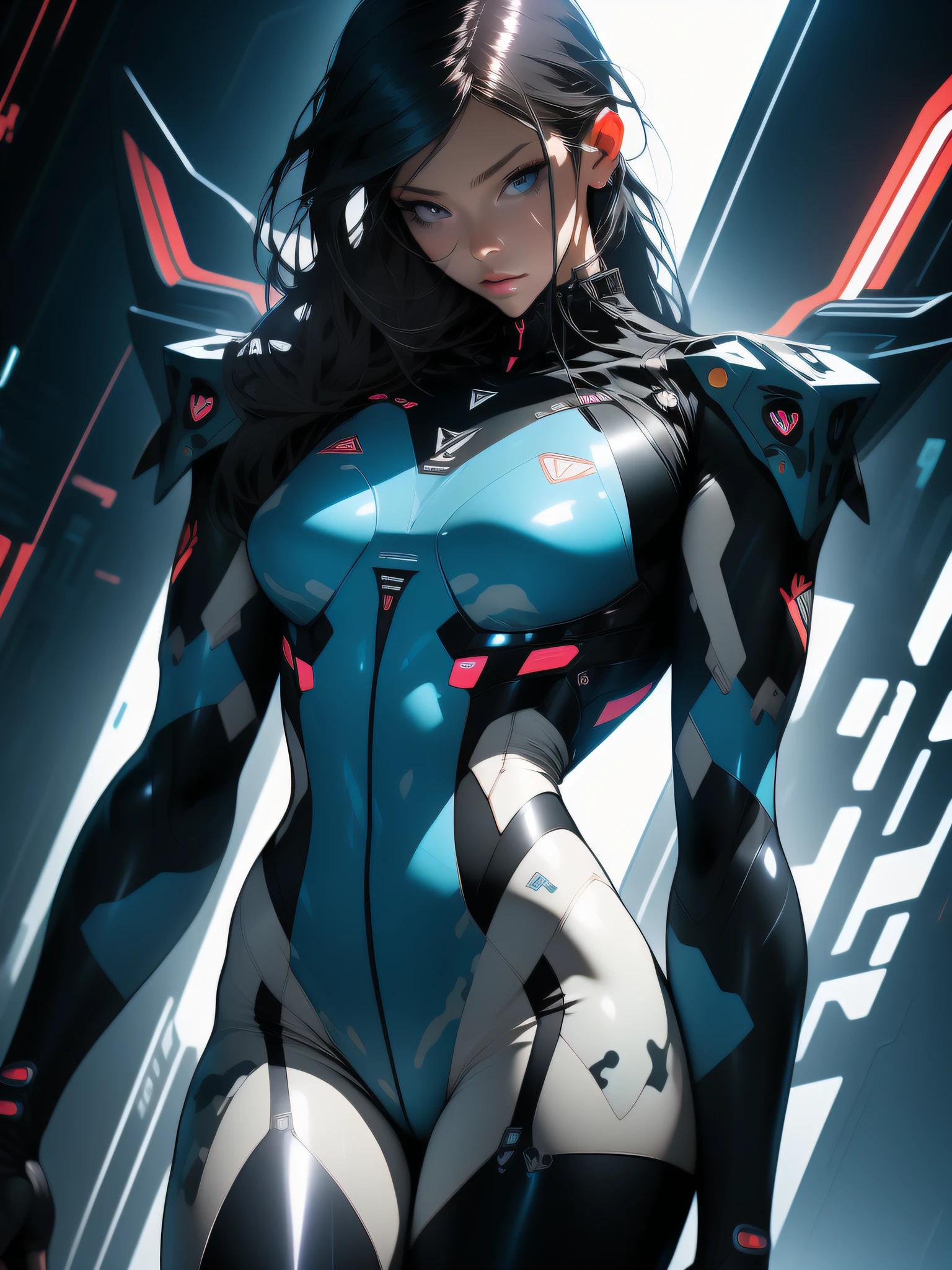 ((Best quality)), ((masterpiece)), (detailed: 1.4), (Absurd), War-ready female fighter pilot with military helmet, full body, marine, dark skin, defined muscular sculptural body, whole body, bare half-thick thighs, closed mouth, muscular body covered in technological clothing, neon evangelion, semi nude, generous neckline, ((perfect medium breasts)), (super light blue eyes without pupils),  ((military camouflage clothing)), (((short black)))), long eyelashes heavy makeup, garter belt, by mucha, niji --V5, close to real, psychopathic, crazy face, sexy pose, background with a giant neon style Robot head Genesis evangelion, 2 piece clothing, shoulder pads with airplane wings, pastel, centered, scale to fit the dimensions, HDR (High Dynamic Range),Ray Tracing, NVIDIA RTX,Super-Resolution,Unreal 5,Subsurface Dispersion, PBR Texture, Post-processing, Anisotropic filtering, Depth of field, Maximum clarity and sharpness, Multilayer textures, Albedo and specular maps, Surface shading, Accurate simulation of light-material interaction, Perfect proportions, Octane Render, Two-tone lighting, Wide aperture, Low ISO, White balance, Rule of thirds, 8K RAW, crysisnanosuit
