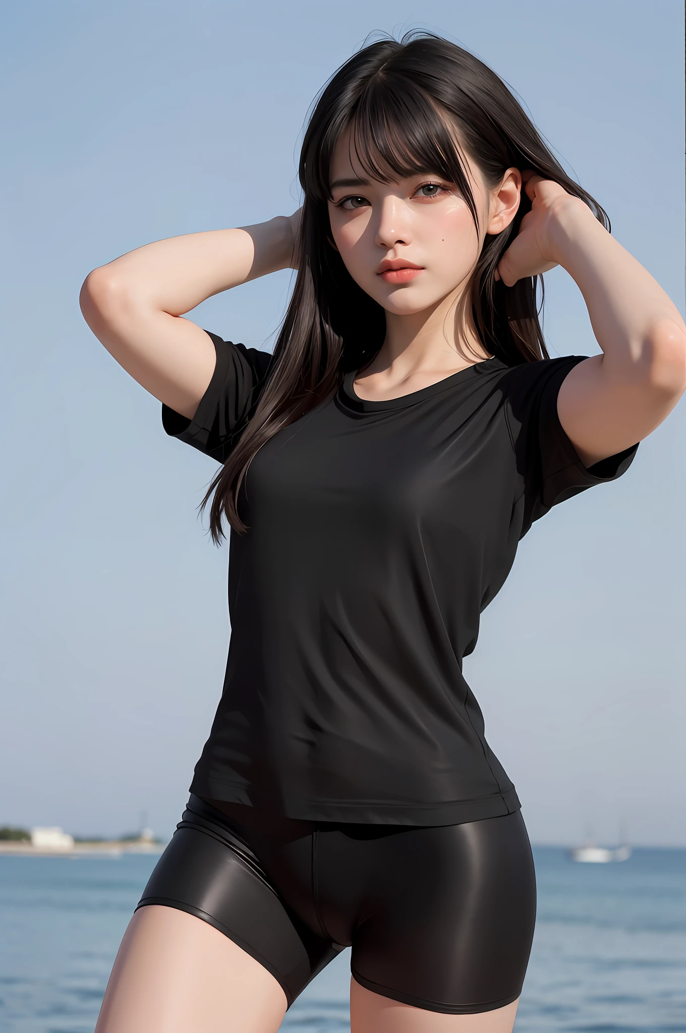 8k, RAW photos, top quality, masterpiece: 1.27), (realistic, photorealistic: 1.37), one girl, cool, ((Black spandex shorts that Thigh Length:1.37)), simple outfits, pleated skirts, shorts under skirt, lively girl, hair fluttering in the wind, blurred background, handsome, masterpiece (Detailed Facial Description), (Detailed Facial Explanation), (Detailed Facial Presentation), (Detailed Facial Features), (Top Quality Photos), (Masterpiece), (Detailed Eyes),