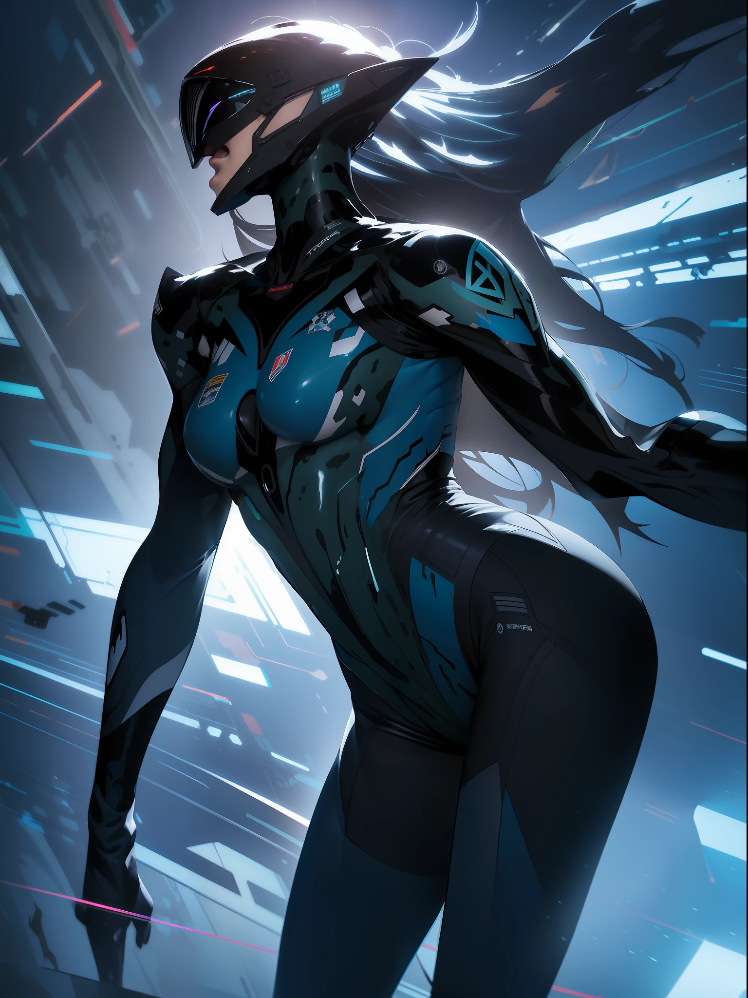 ((Best quality)), ((masterpiece)), (detailed: 1.4), (Absurd), War-ready female fighter pilot with military helmet, full body, marine, dark skin, defined muscular sculptural body, whole body, bare half-thick thighs, closed mouth, muscular body covered in technological clothing, neon evangelion, semi nude, generous neckline, ((perfect medium breasts)), (super light blue eyes without pupils),  ((military camouflage clothing)), (((short black)))), long eyelashes heavy makeup, garter belt, by mucha, niji --V5, close to real, psychopathic, crazy face, sexy pose, background with a giant neon style Robot head Genesis evangelion, 2 piece clothing, shoulder pads with airplane wings, pastel, centered, scale to fit the dimensions, HDR (High Dynamic Range),Ray Tracing, NVIDIA RTX,Super-Resolution,Unreal 5,Subsurface Dispersion, PBR Texture, Post-processing, Anisotropic filtering, Depth of field, Maximum clarity and sharpness, Multilayer textures, Albedo and specular maps, Surface shading, Accurate simulation of light-material interaction, Perfect proportions, Octane Render, Two-tone lighting, Wide aperture, Low ISO, White balance, Rule of thirds, 8K RAW, crysisnanosuit