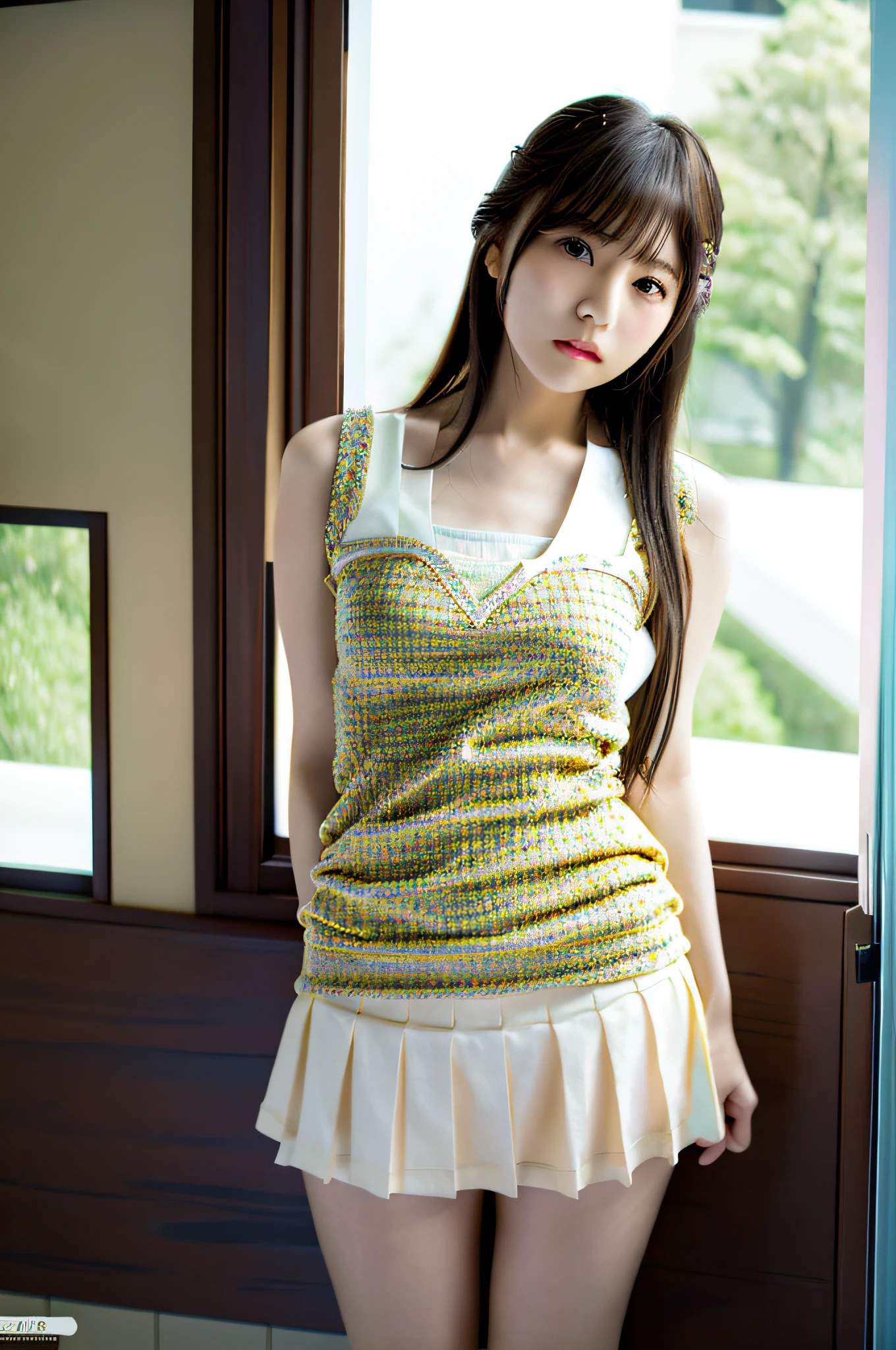(ulzzang-6500-v1.1:0.8), Best Quality, Ultra High Definition, (Photorealistic:1.4), Cinema Light, Depth of Field,Beautiful Face, (PureErosFace_V1:0.3), Very Delicate and Beautiful, Highly Detailed,Unity,8k Wallpaper, Amazing, Fine Detail, Masterpiece,Best Quality, Best Quality, 1girl, Beautiful Detailed Girl, Highly detailed eyes and face, Beautiful detailed eyes,(Small hips:1.3), (Small breasts: 0.3), (((Miniskirt))), (((Tank top)), ((Yuki Kashiwagi: 0.8)), (((Akari Suda: 0.5)), Idol, Beauty, 25 years old