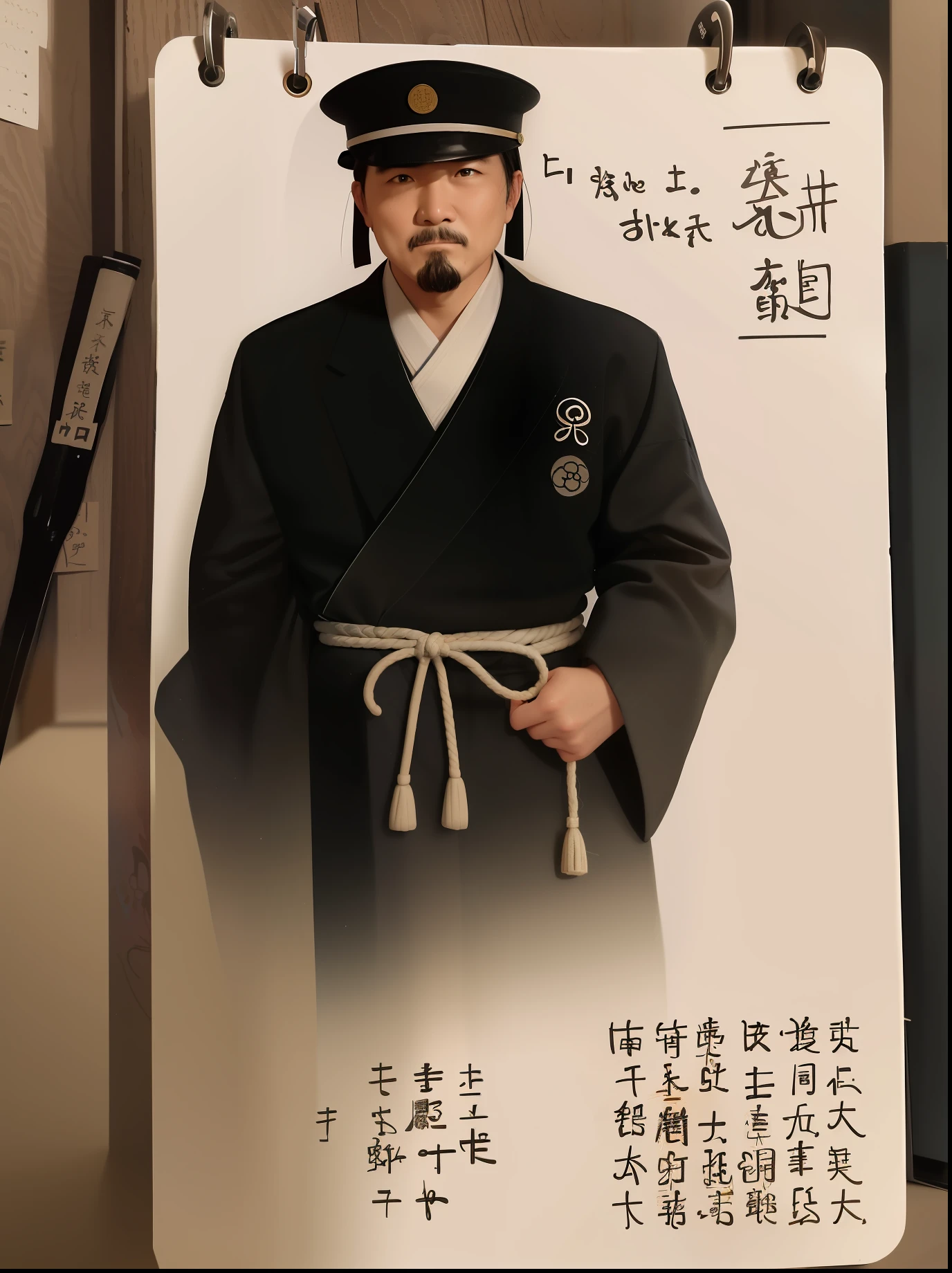 there is a notepad with a picture of a man standing next to a toy, kanji insignia and numbering, kanji markings, japanese text, japanese kanji everywhere, japanese kanji, on a notebook page, japanese text kanji, inspired by Sesshū Tōyō, inspired by Munakata Shikō, shodo