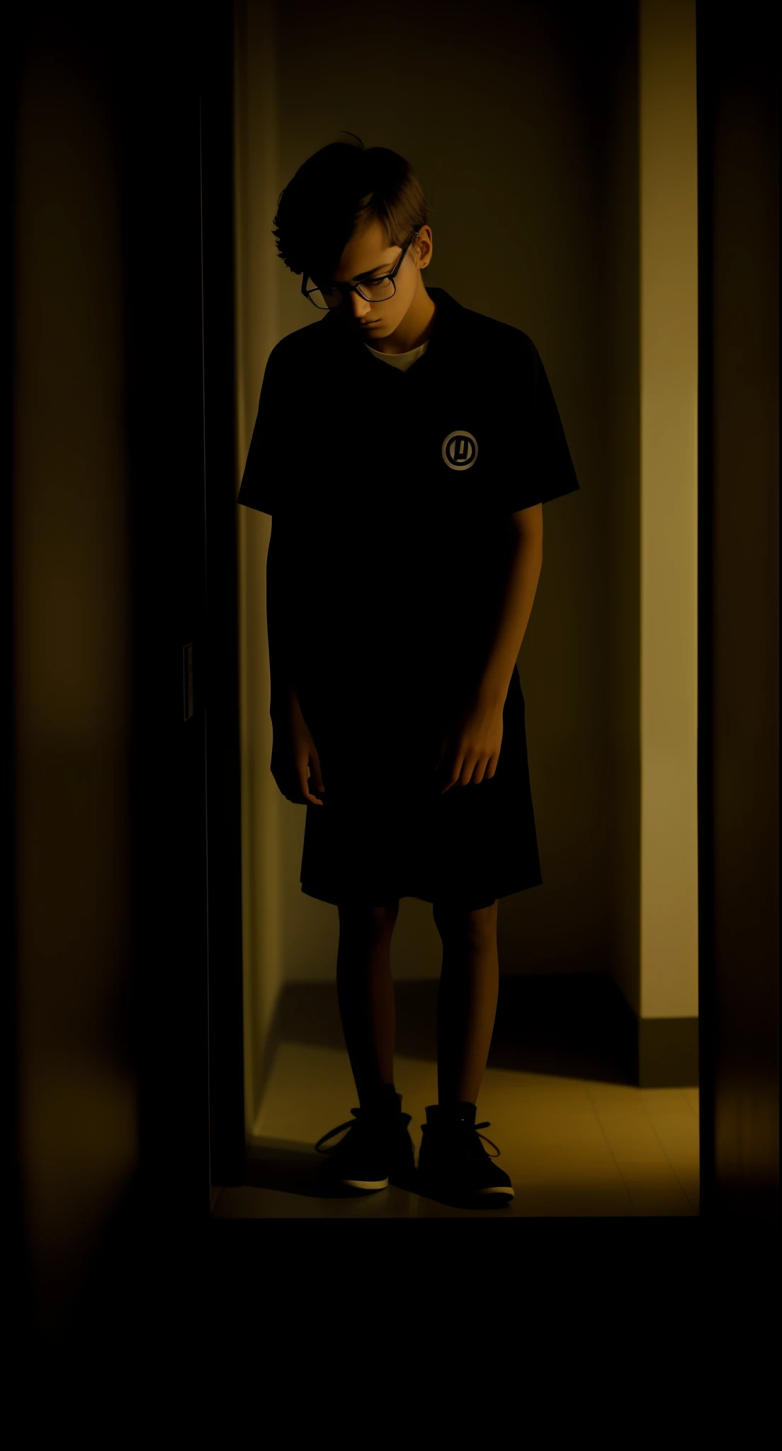 dark underexposed photograph of a teenager with glasses looking downcast, sad, lonely, drooping