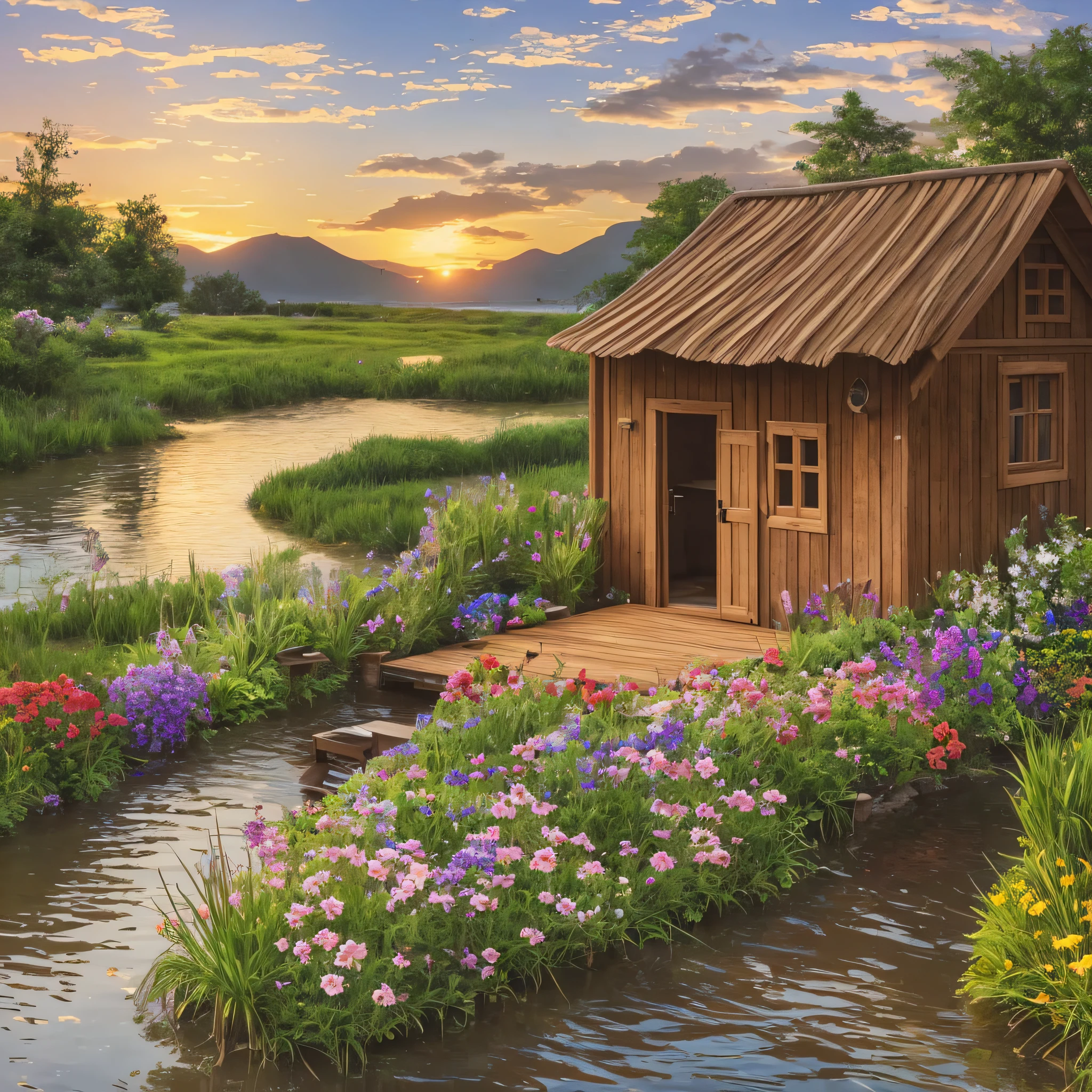 a small wooden hut with a small garden having flowers and grass, a river flowing from side, sunset, shining water, birds flying in the sky, a woman sitting at the door of the hut