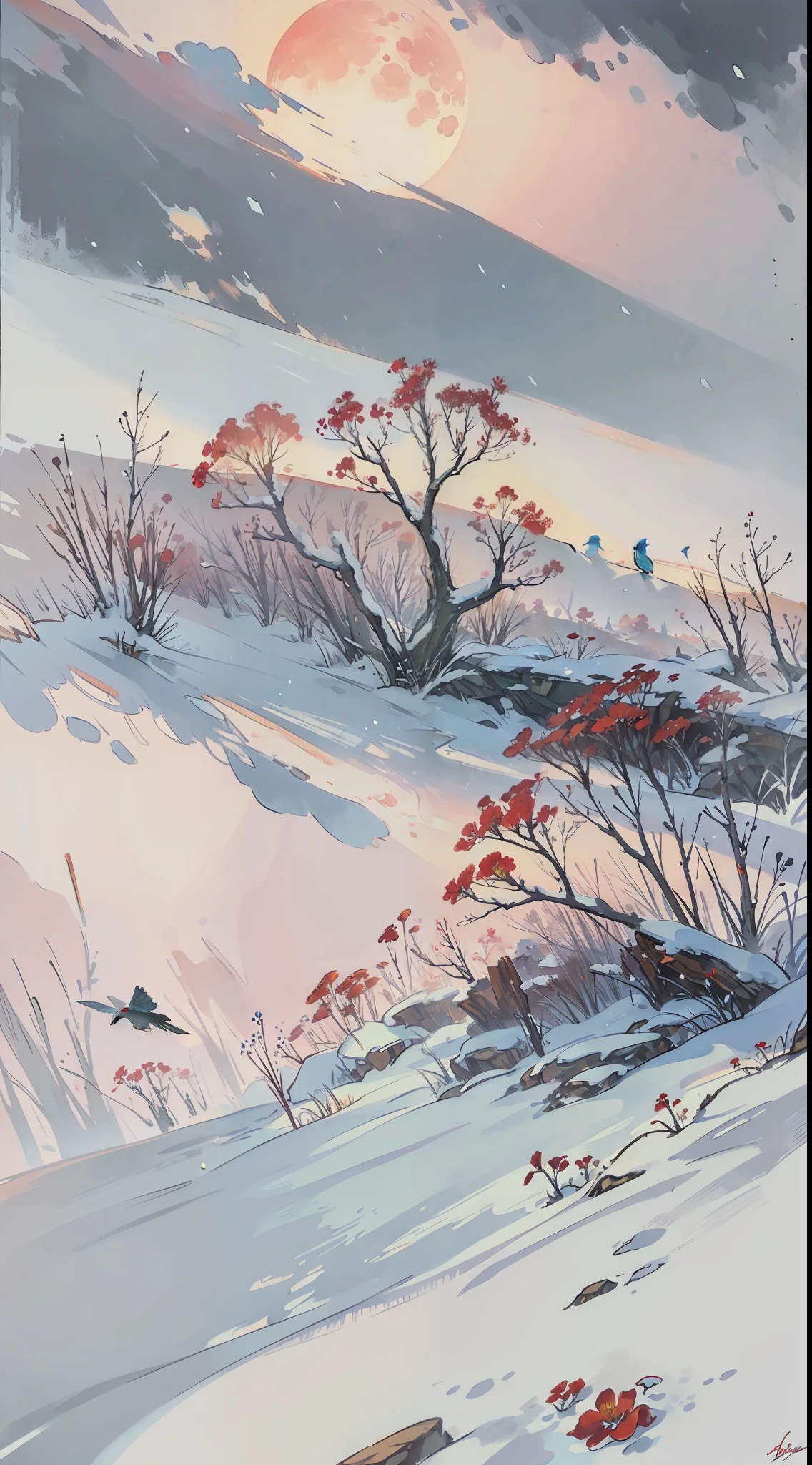 A painting of flowers and birds, the painting is a lot of flowers blooming on the ground, snow, woods, hills, a red full moon in the sky, (do not appear in the figure)
