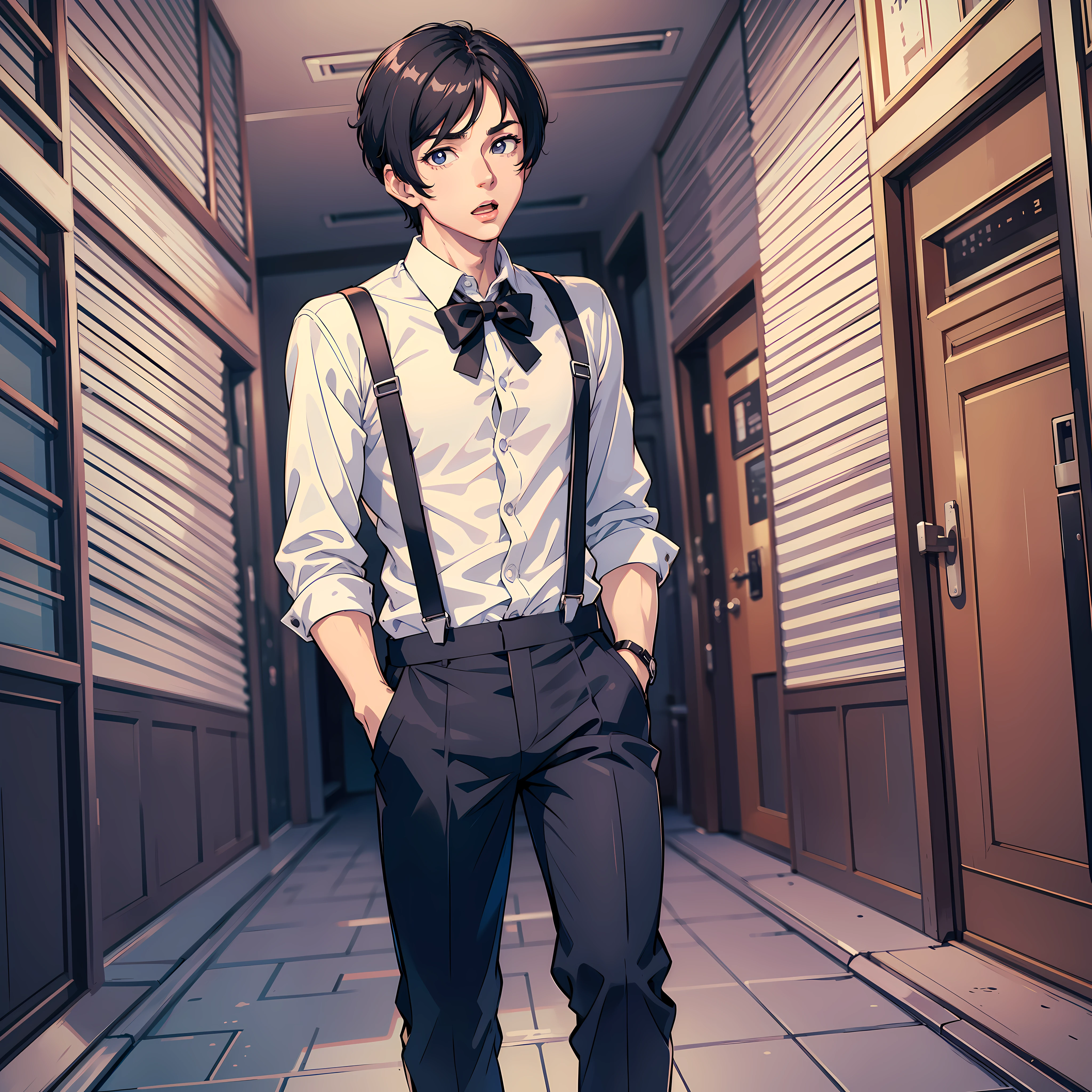 1 Man , handsome, white shirt, black hair, midpoint, white pupils, wearing suspenders, mouth open, full body: 1.2, surreal