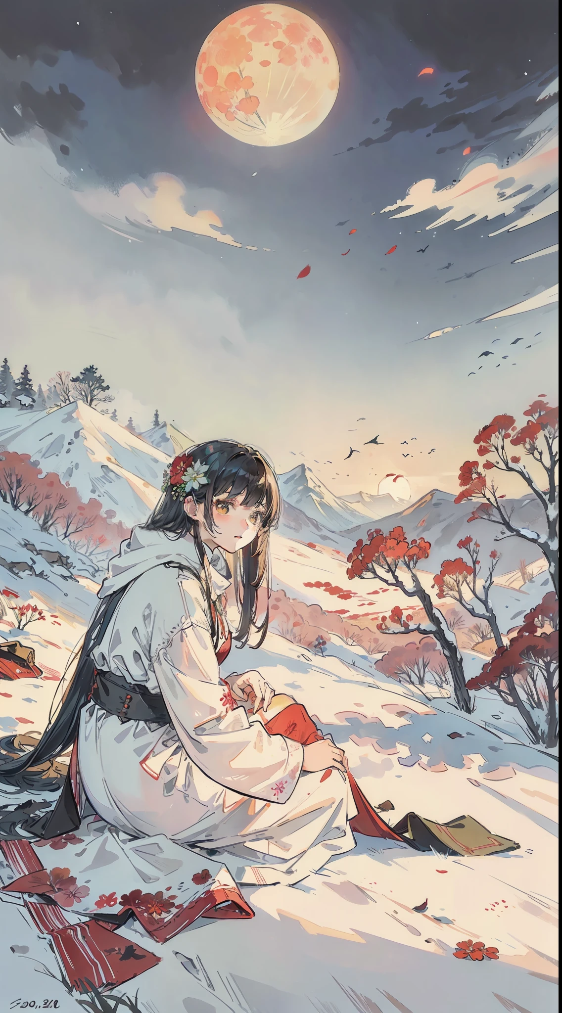 A painting of flowers and birds, the painting is a lot of flowers blooming on the ground, snow, woods, hills, a red full moon in the sky, (do not appear in the figure)