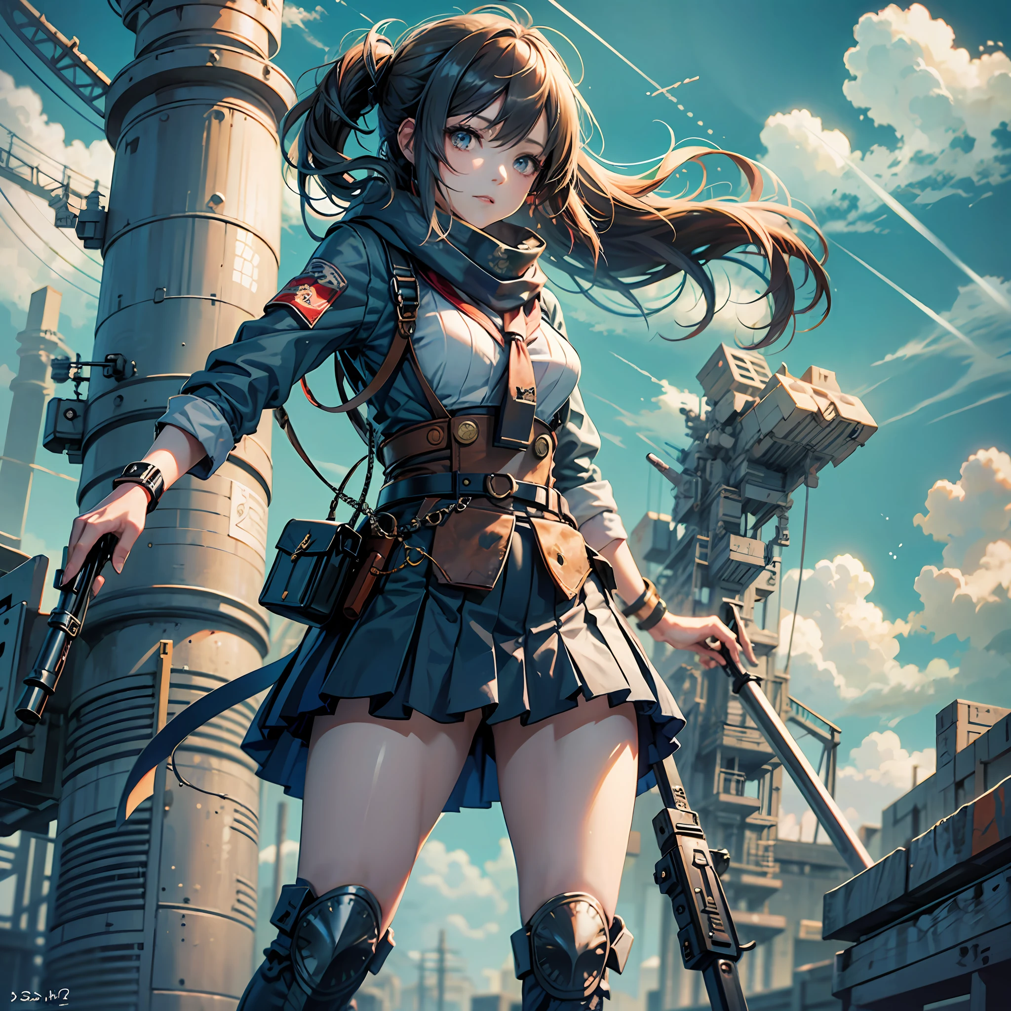 Japanese anime style. battle field. woman. Navy soldier. scarf. skirt. machine gun. Are standing. Whole body. from below. --auto --s2