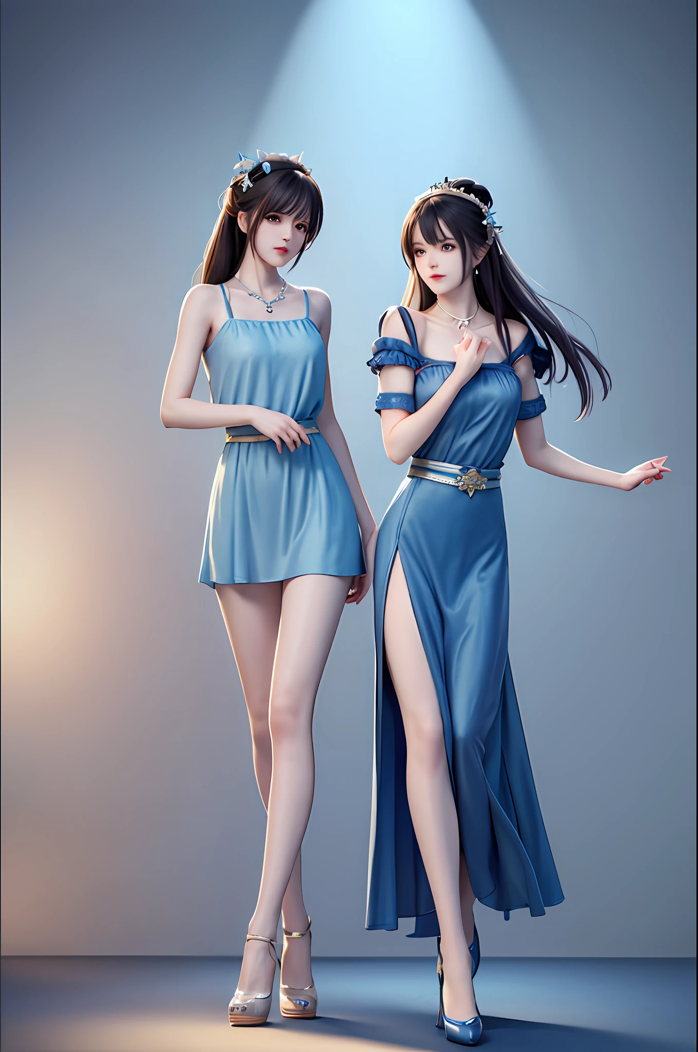 Best Quality, Masterpiece, High Resolution, 1Girl, Blue Slip Dress, Blue Hot Pants, Hair Accessories, Necklace, Jewelry, Beautiful Face, Full Body, Slender and Slender Beautiful Legs, Tyndall Effect, Realistic, Dark Studio, Edge Lighting, Two-tone Lighting, 1 Girl, Solo, Expressive Look, (Looking at the Audience, Facing the Audience, High Detail Skin: 1.2), 8K UHD, DSLR, Soft Light, High Quality, Volumetric Light, Photo, High Resolution, 4K, 8K, Background Bokeh,.