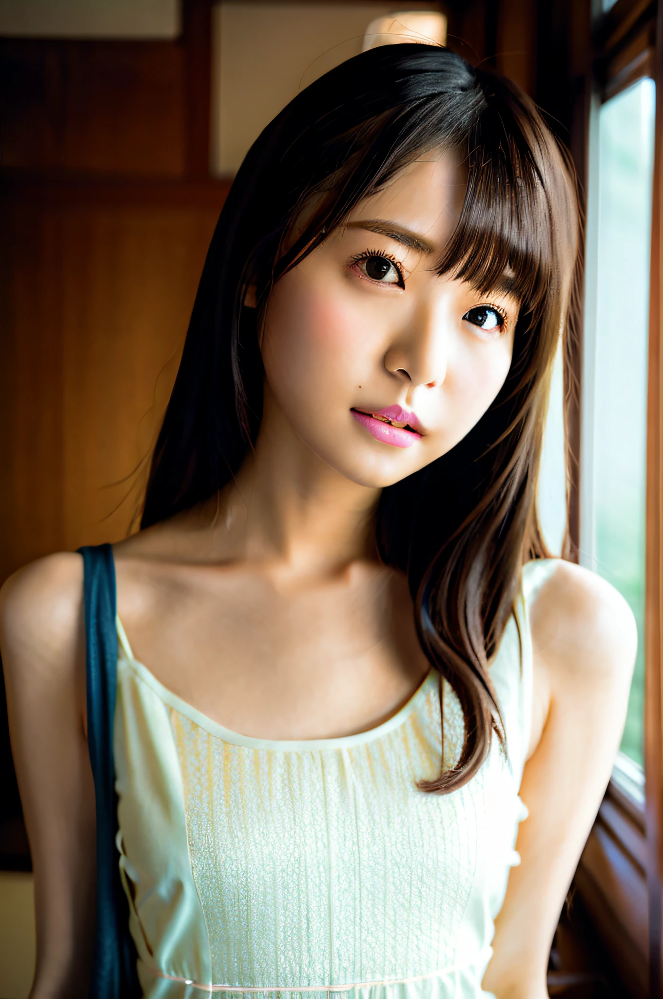 (ulzzang-6500-v1.1:0.8), Best Quality, Ultra High Definition, (Photorealistic:1.4), Cinema Light, Depth of Field,Beautiful Face, (PureErosFace_V1:0.3), Very Delicate and Beautiful, Highly Detailed,Unity,8k Wallpaper, Amazing, Fine Detail, Masterpiece,Best Quality, Best Quality, 1girl, Beautiful Detailed Girl, Highly detailed eyes and face, Beautiful detailed eyes,(Small hips:1.3), (Small breasts:0.3)), ((Camisole)), ((Yuki Kashiwagi:0.8)), (((Akari Suda:0.5)), Idol, Beauty, 25 years old