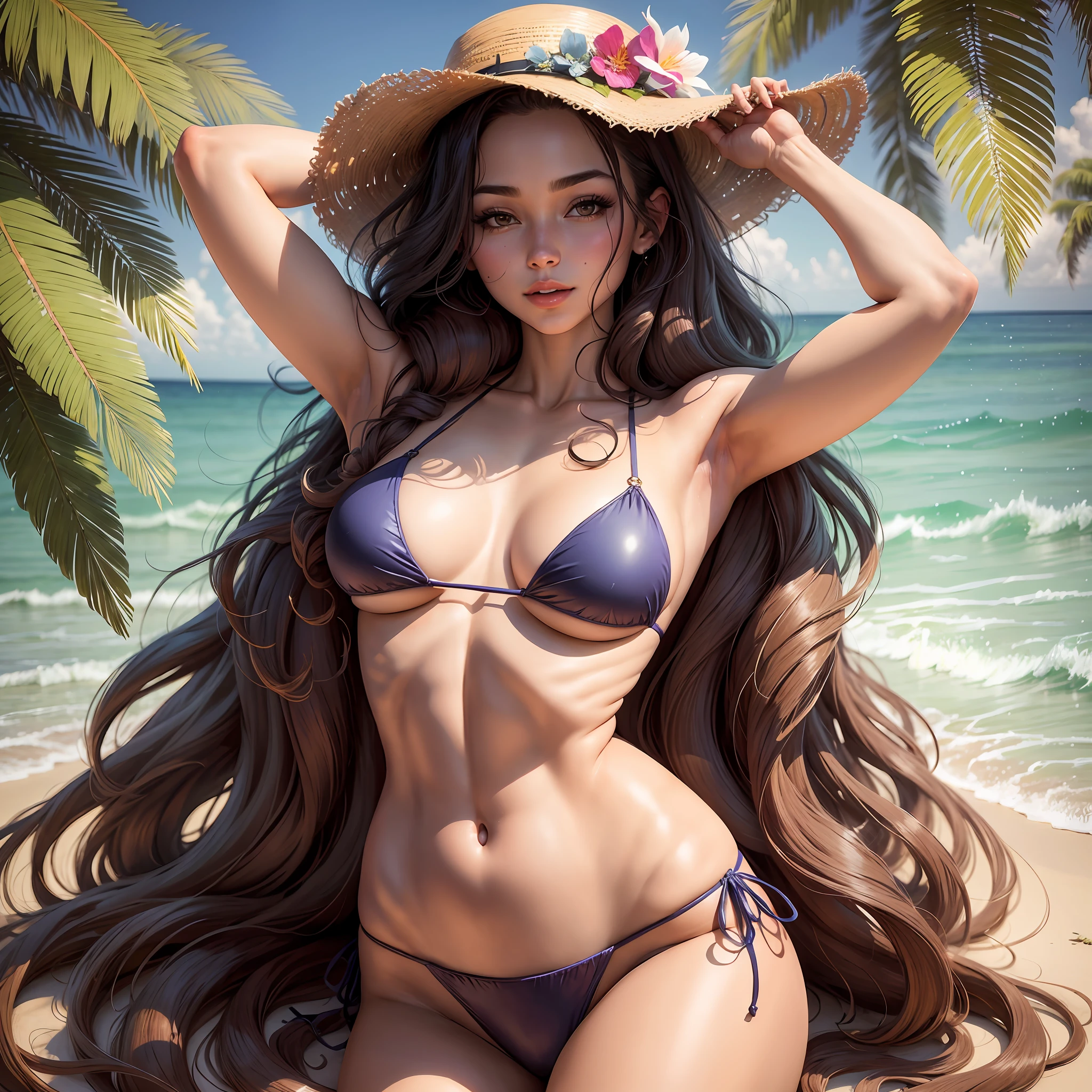Sexy beauty, long hair slightly curly, fair skin, wearing a bikini, proud and elegant, fully highlight the beautiful body, melon face,