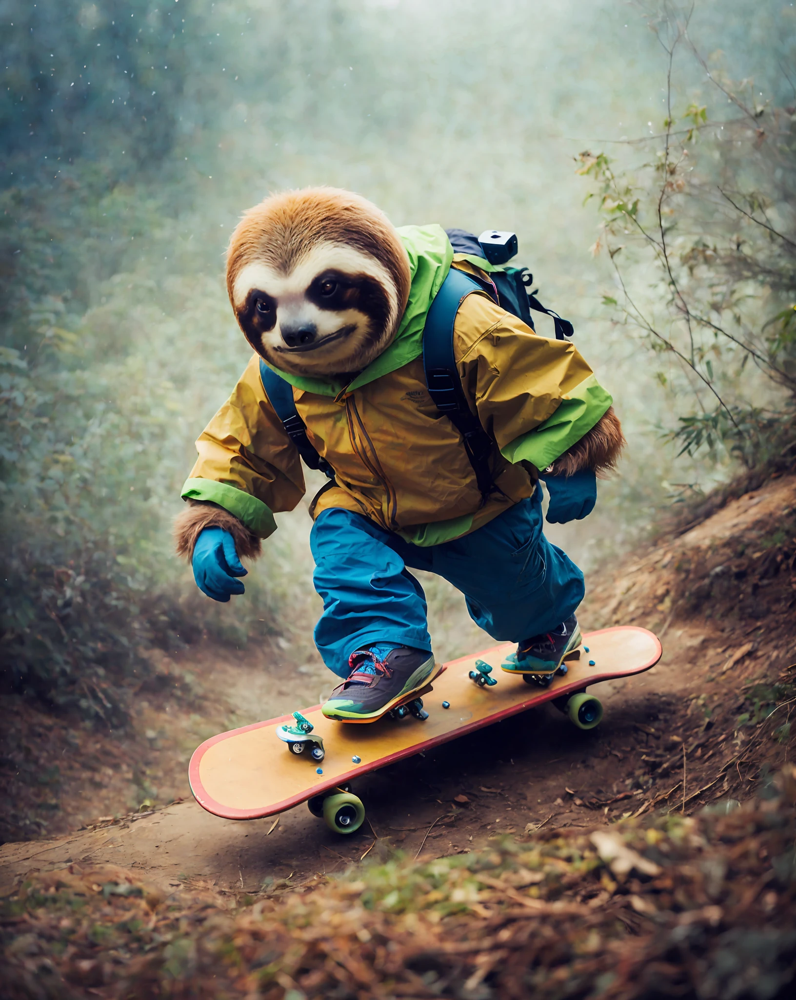 Sloth downhill skateboarding in the fog, medium format photography, tilt shift photography, cinematic, cinematic color grade, cinematic composition, bokeh, lens flare