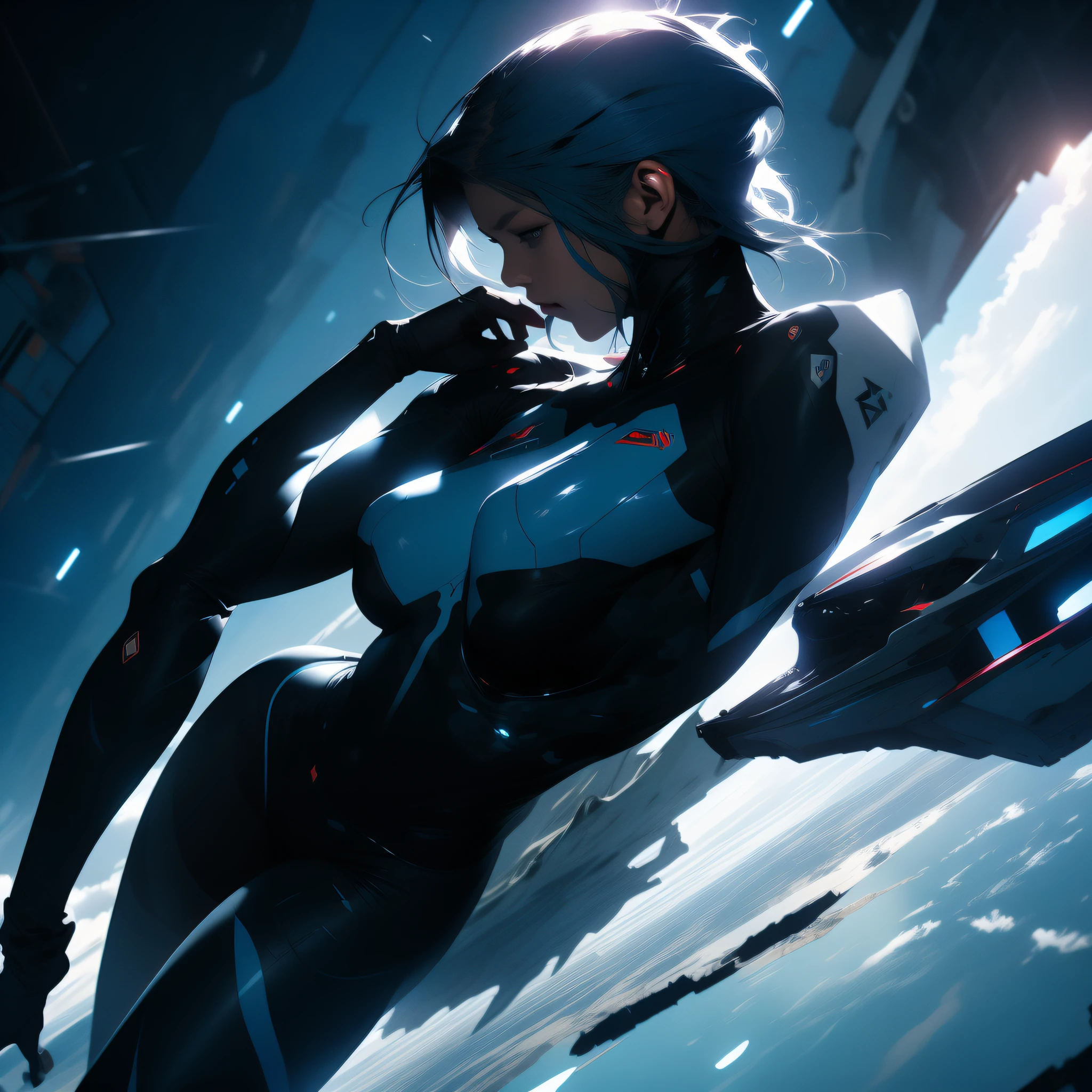 ((Best quality)), ((masterpiece)), (detailed: 1.4), (Absurd), War-ready female fighter pilot with military helmet, full body, marine, dark skin, defined muscular sculptural body, whole body, bare half-thick thighs, closed mouth, muscular body covered in technological clothing, neon evangelion, semi nude, generous neckline, ((perfect medium breasts)), (super light blue eyes without pupils), ((military camouflage clothing)), (((short black)))), long eyelashes heavy makeup, garter belt, by mucha, niji --V5, close to real, psychopathic, crazy face, sexy pose, background with a giant neon style Robot head Genesis evangelion, 2 piece clothing, shoulder pads with airplane wings, pastel, centered, scale to fit the dimensions, HDR (High Dynamic Range),Ray Tracing, NVIDIA RTX,Super-Resolution,Unreal 5,Subsurface Dispersion, PBR Texture, Post-processing, Anisotropic filtering, Depth of field, Maximum clarity and sharpness, Multilayer textures, Albedo and specular maps, Surface shading, Accurate simulation of light-material interaction, Perfect proportions, Octane Render, Two-tone lighting, Wide aperture, Low ISO, White balance, Rule of thirds, 8K RAW, crysisnanosuit