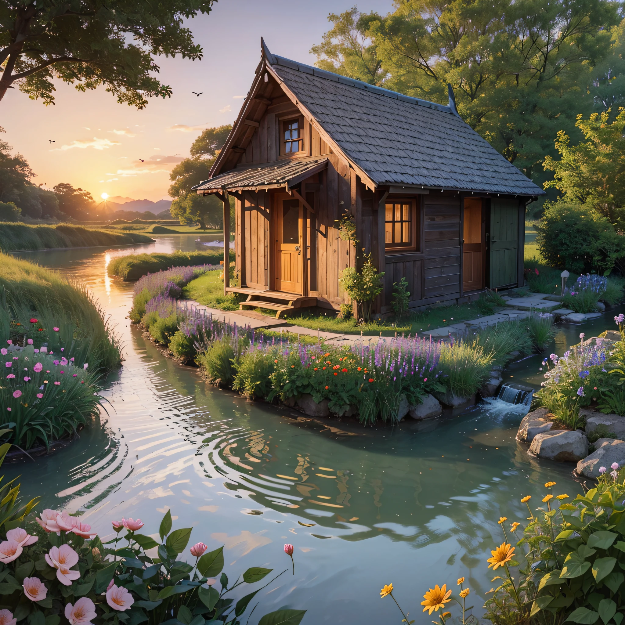 a small wooden hut with a small garden having flowers and grass, a river flowing from side, sunset, shining water, birds flying in the sky, a woman sitting at the door of the hut