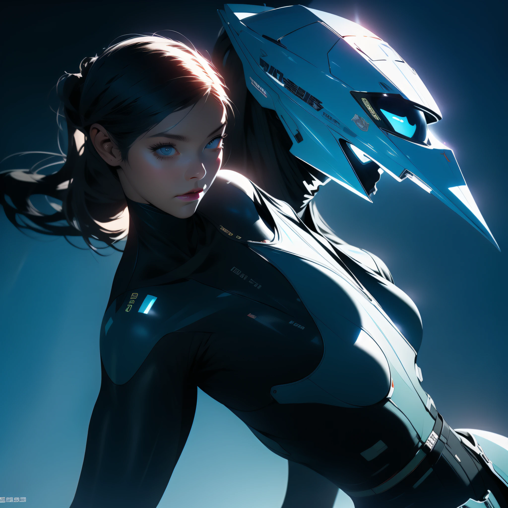 ((Best quality)), ((masterpiece)), (detailed: 1.4), (Absurd), War-ready female fighter pilot with military helmet, full body, marine, dark skin, defined muscular sculptural body, whole body, bare half-thick thighs, closed mouth, muscular body covered in technological clothing, neon evangelion, semi nude, generous neckline, ((perfect medium breasts)), (super light blue eyes without pupils), ((military camouflage clothing)), (((short black)))), long eyelashes heavy makeup, garter belt, by mucha, niji --V5, close to real, psychopathic, crazy face, sexy pose, background with a giant neon style Robot head Genesis evangelion, 2 piece clothing, shoulder pads with airplane wings, pastel, centered, scale to fit the dimensions, HDR (High Dynamic Range),Ray Tracing, NVIDIA RTX,Super-Resolution,Unreal 5,Subsurface Dispersion, PBR Texture, Post-processing, Anisotropic filtering, Depth of field, Maximum clarity and sharpness, Multilayer textures, Albedo and specular maps, Surface shading, Accurate simulation of light-material interaction, Perfect proportions, Octane Render, Two-tone lighting, Wide aperture, Low ISO, White balance, Rule of thirds, 8K RAW, crysisnanosuit