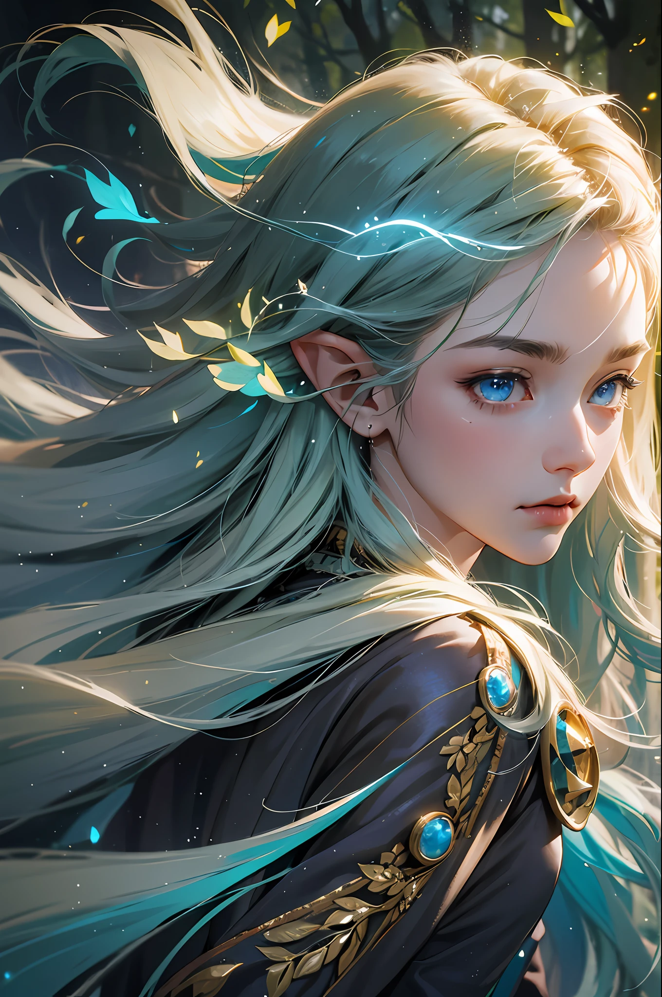 (absurd, high resolution, super detail), elf, pretty face, 1 woman, 16 years old, straight long hair, beautiful golden hair, hair fluttering in the wind, blue eyes, bangs, detailed eyes and detailed face, highly detailed CG unified 8k wallpaper, intricate details, (Style - Swirl Magic: 1.0), watch viewer, solo, detailed background, full body, detailed face, (Gothic Dark Age theme: 1.5), helmet, Small white armor, dynamic pose, forest-themed clothes, glowing magic fragments, deep forest, illuminated by flames, night, dark, figure floating in flame lighting, magic floating particles, magnificent ethereal atmosphere, updraft, portrait, blurry background, serious gaze, war, wind magic, war, powerful movement, wind magic, angry expression, green base color, eyes staring into the distance,
