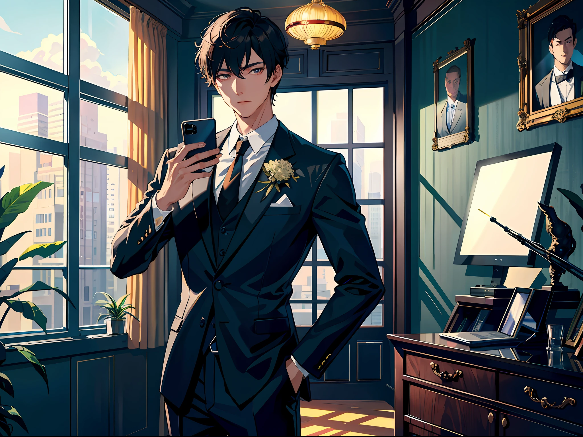 High resolution, highest quality, illustration, super detailed, (detailed face), (detailed eyes), a handsome Chinese young man in a black suit in a luxurious office, standing in front of a floor-to-ceiling window looking out, holding a cell phone in his hand while on a call