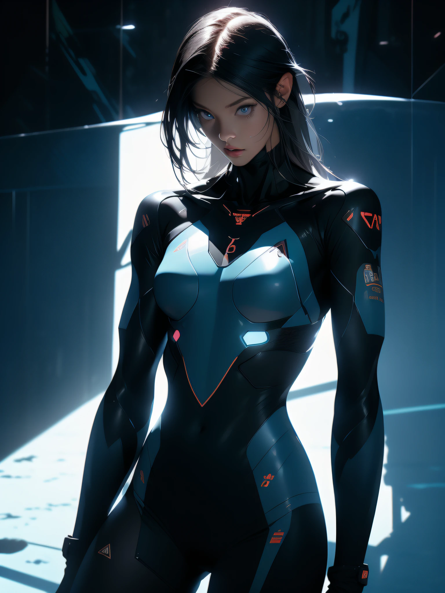 ((Best quality)), ((masterpiece)), (detailed: 1.4), (Absurd), War-ready female fighter pilot with military helmet, full body, marine, dark skin, defined muscular sculptural body, whole body, bare half-thick thighs, closed mouth, muscular body covered in technological clothing, neon evangelion, semi nude, generous neckline, ((perfect medium breasts)), (super light blue eyes without pupils), ((military camouflage clothing)), (((short black)))), long eyelashes heavy makeup, garter belt, by mucha, niji --V5, close to real, psychopathic, crazy face, sexy pose, background with a giant neon style Robot head Genesis evangelion, 2 piece clothing, shoulder pads with airplane wings, pastel, centered, scale to fit the dimensions, HDR (High Dynamic Range),Ray Tracing, NVIDIA RTX,Super-Resolution,Unreal 5,Subsurface Dispersion, PBR Texture, Post-processing, Anisotropic filtering, Depth of field, Maximum clarity and sharpness, Multilayer textures, Albedo and specular maps, Surface shading, Accurate simulation of light-material interaction, Perfect proportions, Octane Render, Two-tone lighting, Wide aperture, Low ISO, White balance, Rule of thirds, 8K RAW, crysisnanosuit