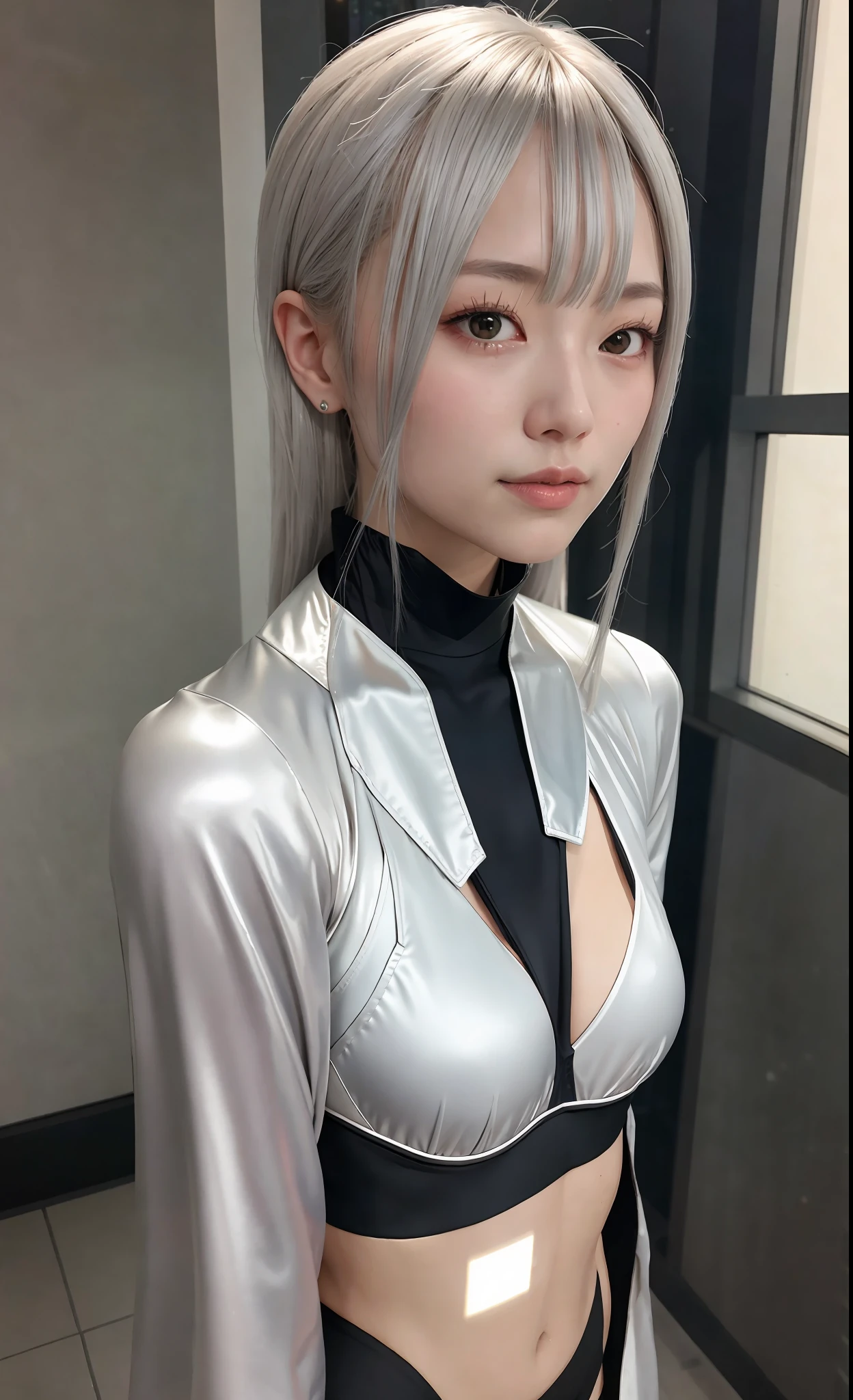 Masterpiece, Top Quality, Girls, Slender, Medium, Cute, Sexy, Silver Hair, Near Future, Sci-Fi, Cyberpunk, Kimono Like Mechanical Bodysuit, Bikini, Skin Only, Oiran , Dystopia, Night, Silver Themes, Black Themes, Fluorescent Themes