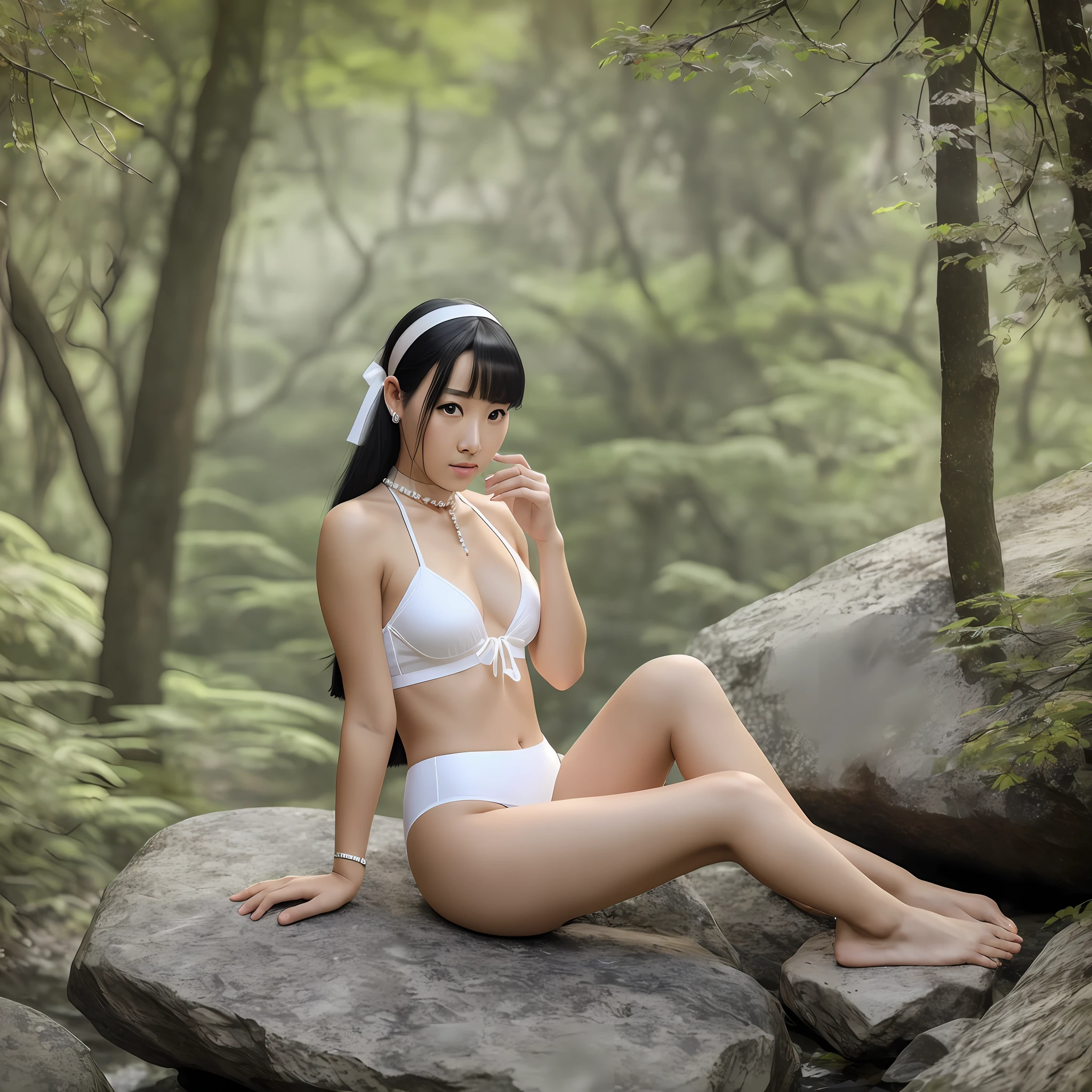 Top quality, masterpiece, ultra-high resolution, (photorealistic: 1.4), raw photo, full body, black hair hanging beautifully to the chest, place on an altar made of rock in the forest, fair-skinned black 30-year-old Japan woman wearing white underwear, beautiful slim with clear eyes and nose, calm young lady face, light makeup, wearing pearl choker, wearing pearl earrings, Wearing a thin black headband, wearing only white underwear, sitting upright on a rock, shedding tears, staring at me --auto --s2