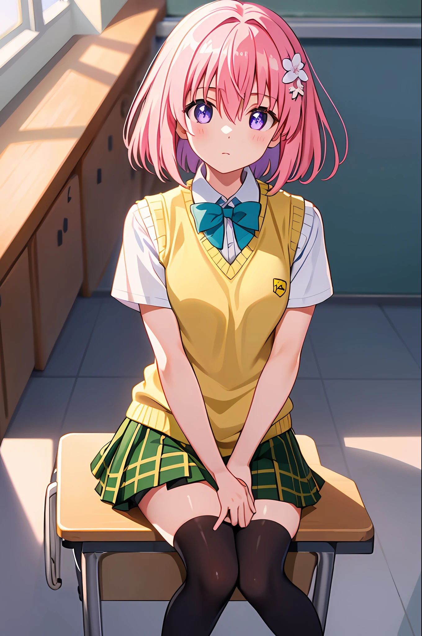 momo velia deviluke, ph momo, momohd, phmomo, solo, 1girl, pink hair, purple eyes, short hair, hair flower, sweater vest, school uniform,(yellow sweater:1.2), big eyes, plaid skirt, black thighhighs,
(masterpiece:1.2, best quality), (finely detailed beautiful eyes: 1.2), (beautiful detailed face), (sharp face hair between eyes, Classroom,
yo, brush,
