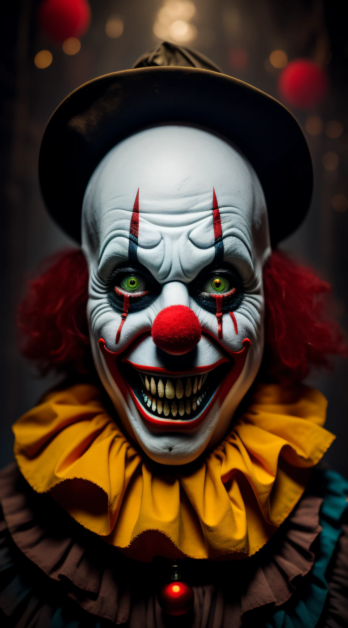 Clown man, scary, blood, evil smile, wide eyes, toys, macabre background, various colors, 8k qualities, cinematic focus, horror