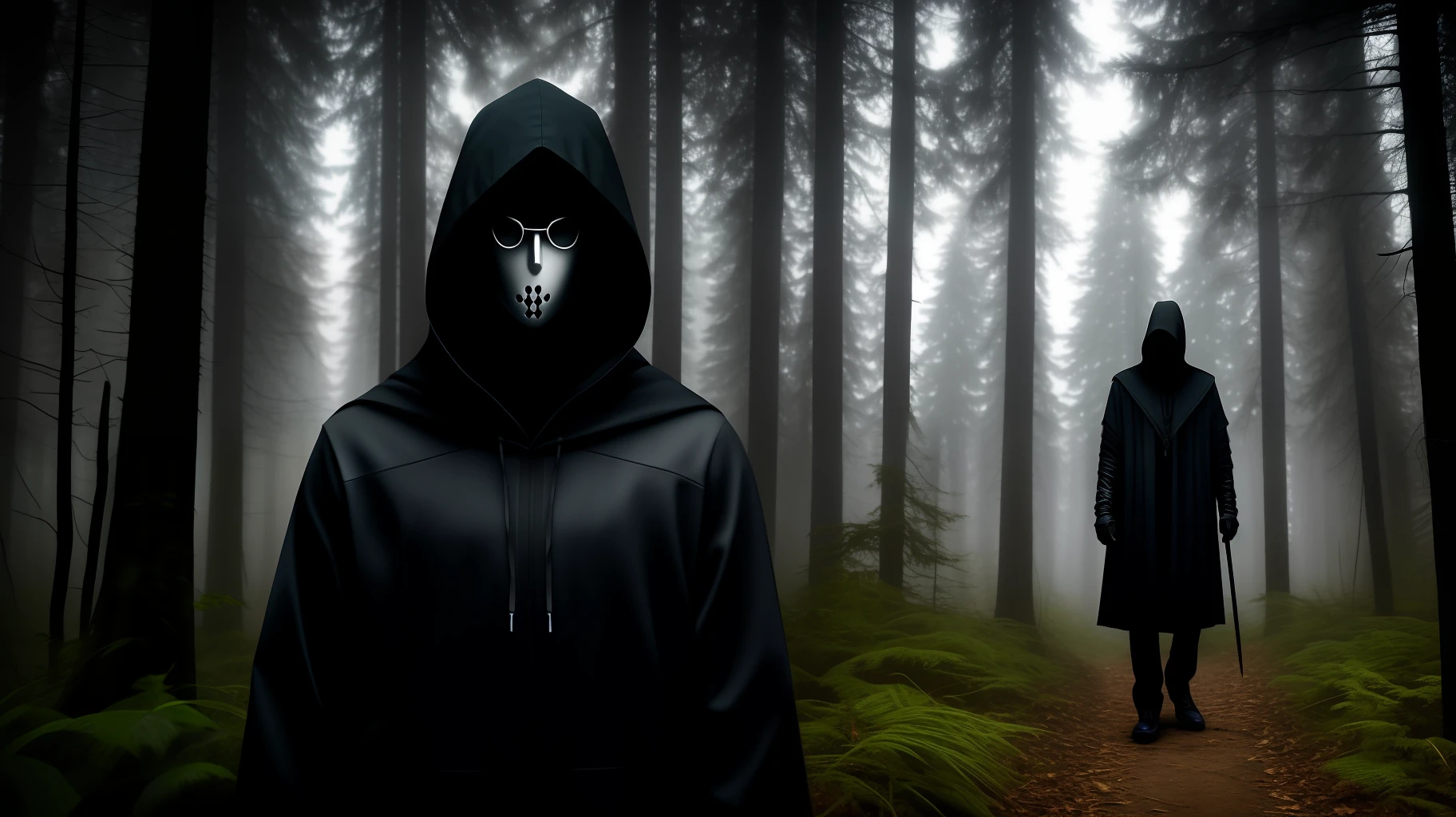 ultra realistic, super sharp, high quality detail, 3d, front and only the face of the character Slenderman (male) with black hood. Dark and very dark forest in the background. Quite a contrast. scary. Centered image, with only one character.