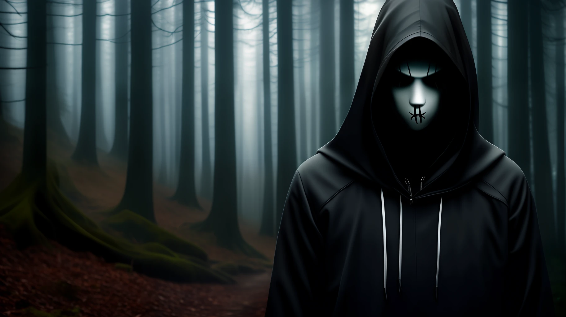 ultra realistic, super sharp, high quality detail, 3d, front and only the face of the character Slenderman (male) with black hood. Dark and very dark forest in the background. Quite a contrast. scary. Centered image, with only one character.