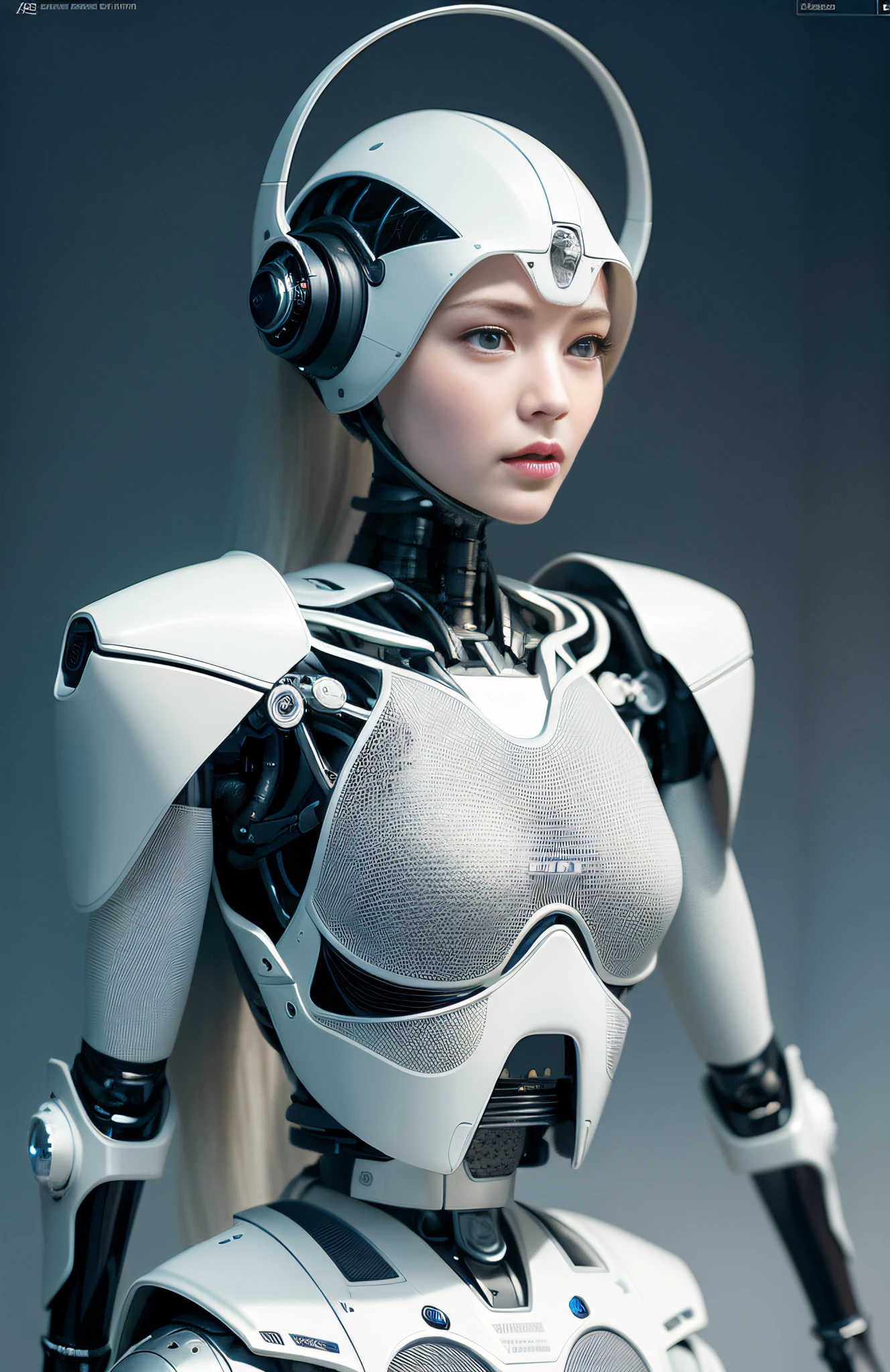 Intricate 3d rendering of highly detailed beautiful ceramic silhouette female robot face, cyborg, robot parts, 150 mm, beautiful studio soft light, rim light, vibrant details, luxury cyberpunk, lace, surreal, anatomy , Facial Muscles, Cable Wires, Microchips, Elegance, Beautiful Background, Octane Rendering, HR Giger Style, 8k, Best Quality, Masterpiece, Illustration, Very Delicate and Beautiful, Very Detailed, CG, Uniform, Wallpaper, ( fidelity, fidelity: 1.37), stunning, fine detail, masterpiece, best quality, official art, very detailed cg unity 8k wallpaper, absurd, unbelievably absurd, robot, silver helmet, full body, sit and write