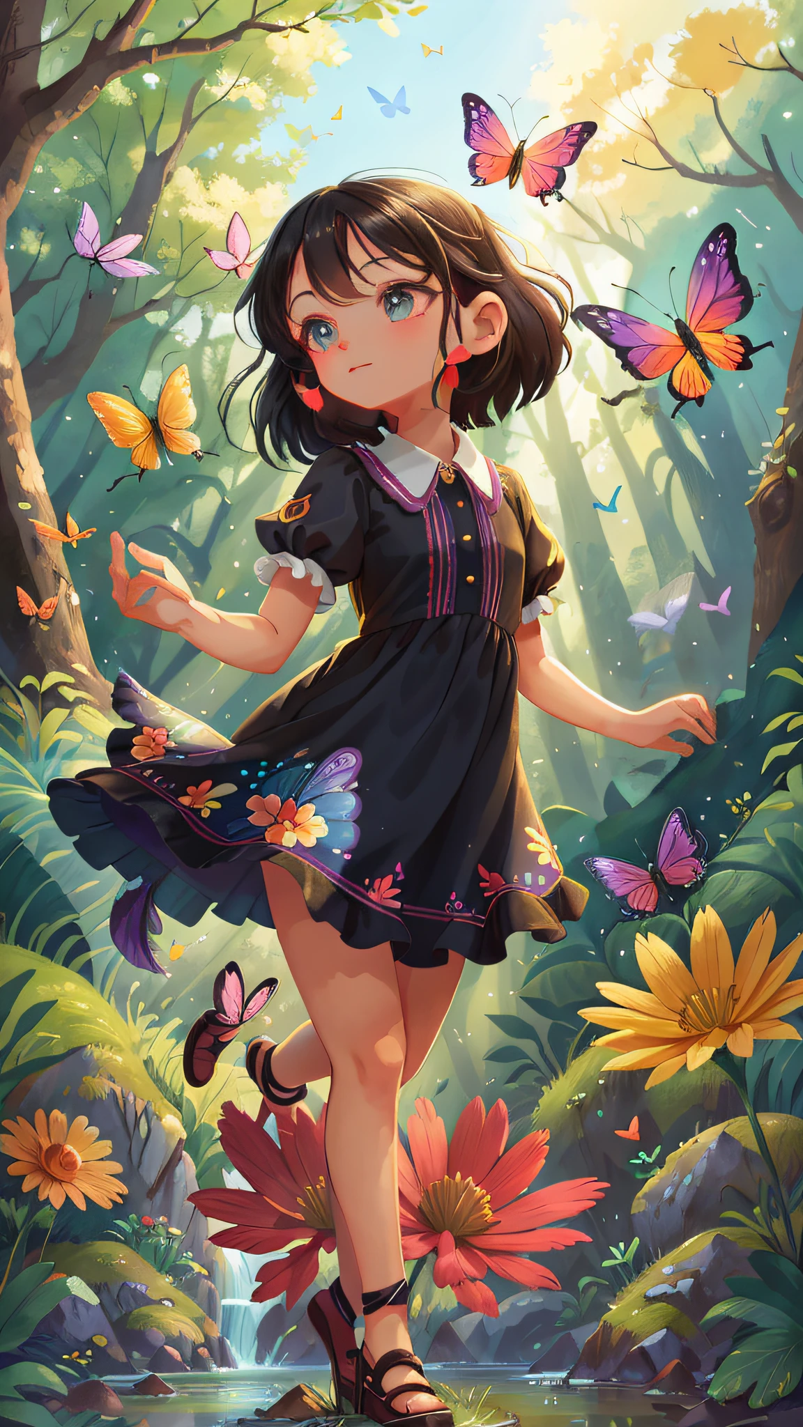 cartoon girl in a dress surrounded by butterflies in a forest, cute detailed digital art, cute detailed artwork, adorable digital painting, childrens art in artstation, cute art style, detailed fanart, full body portrait of a short!, cute digital art, a beautiful artwork illustration, beautiful digital illustration, digital anime illustration, anime style illustration, loli in dress, anime fantasy illustration