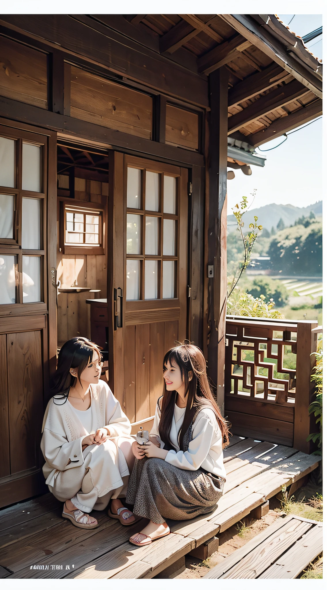 Two people are talking, one is a 40-year-old girl, the other is a 20-year-old girl, with a firm expression, a wooden house in the background, soft light, warm, Asian, 20-year-old girl, China, countryside